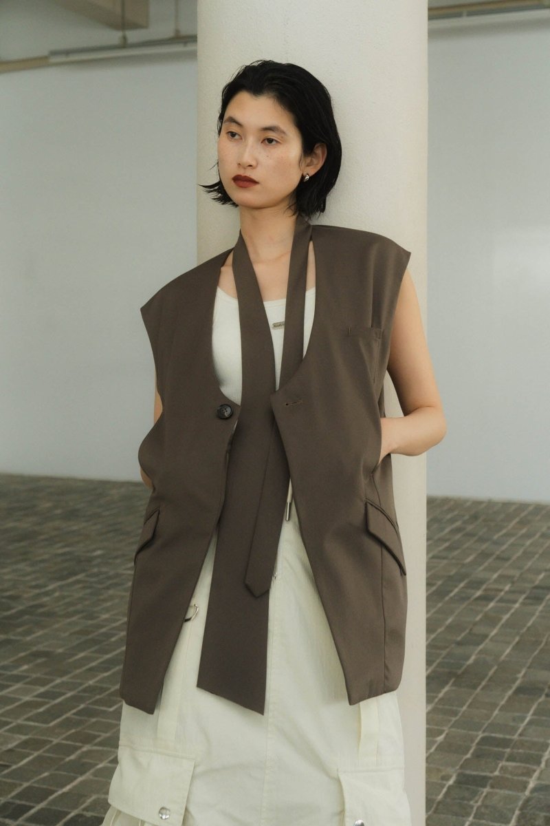 2way collarless gilet/greige - KNUTH MARF