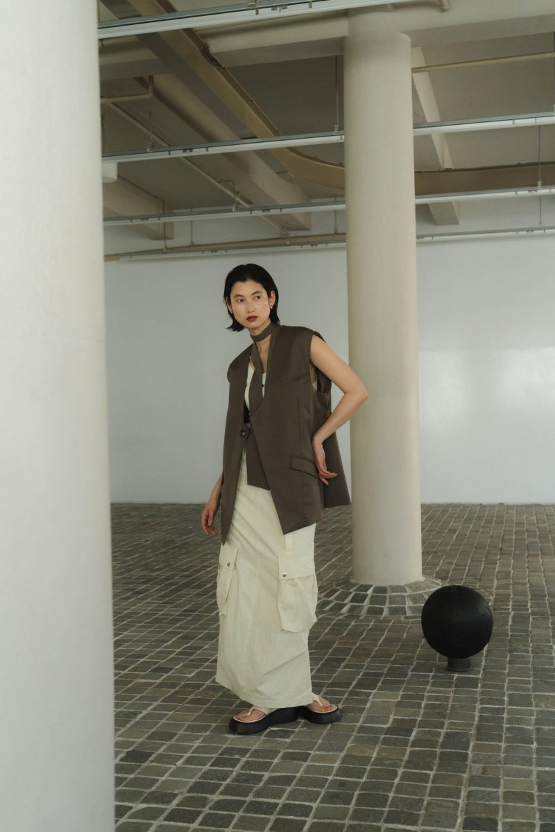 2way collarless gilet/greige - KNUTH MARF