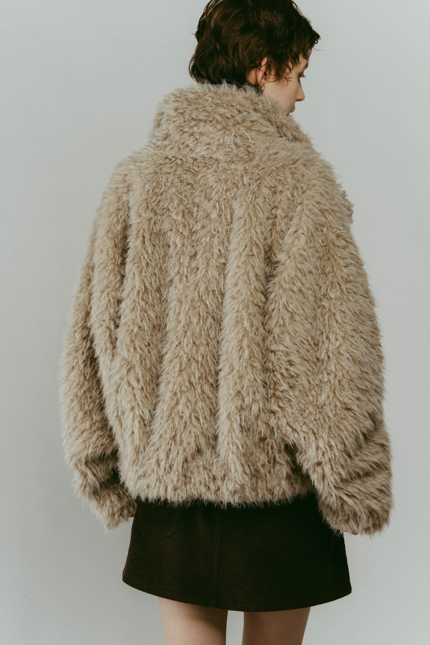 shaggy stand collar coat/ivory