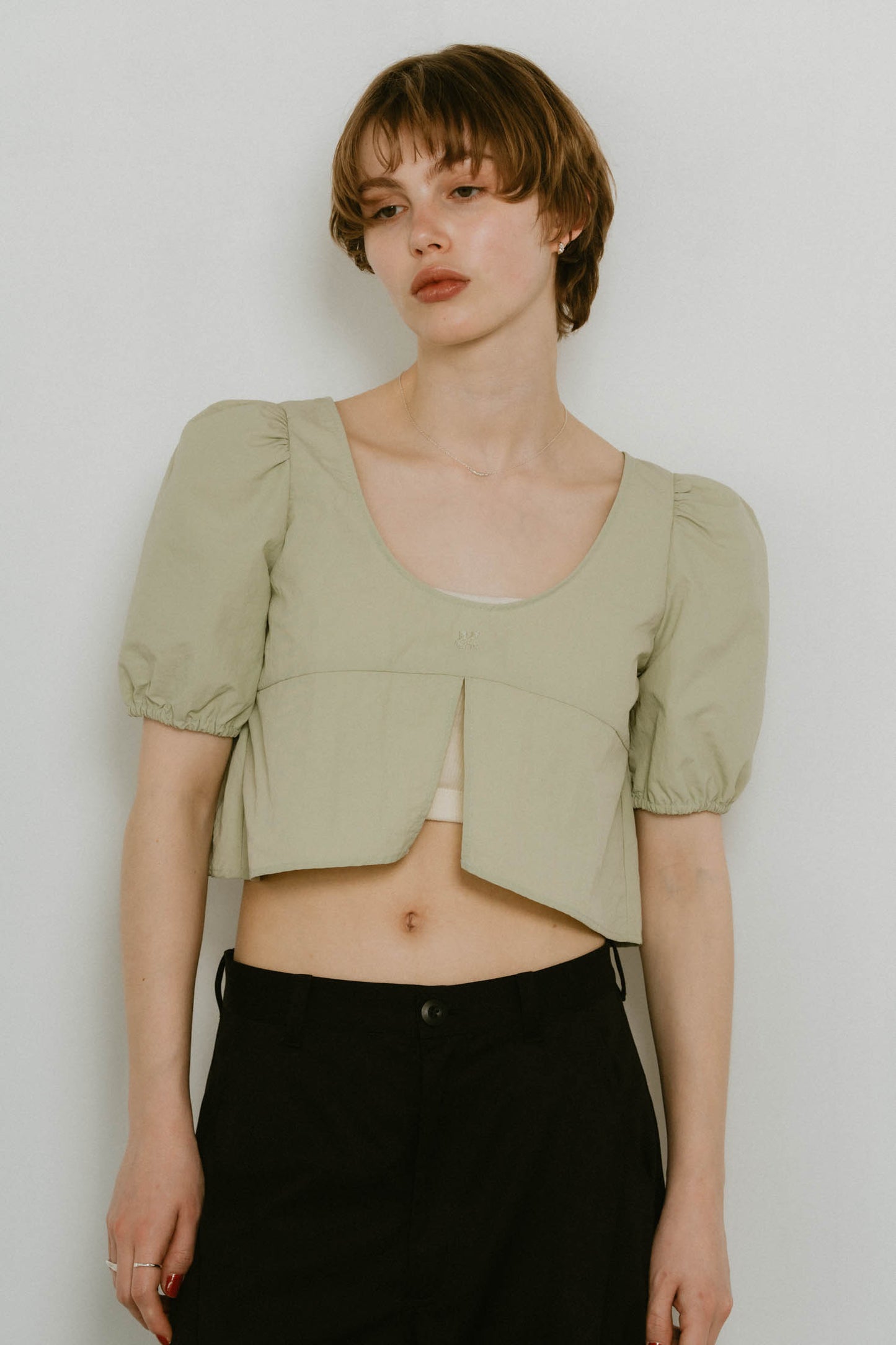 2way puff sleeve logo blouse/3color