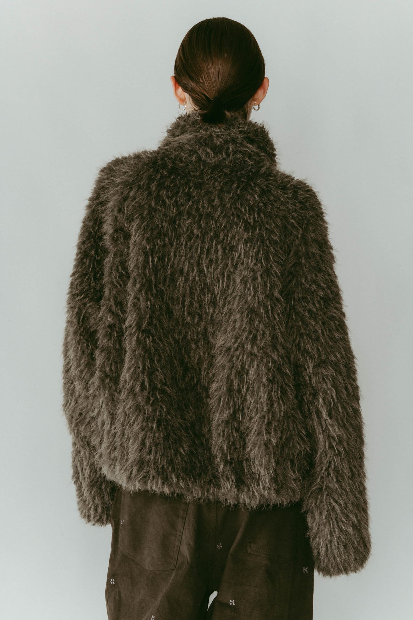 shaggy stand collar coat/gray