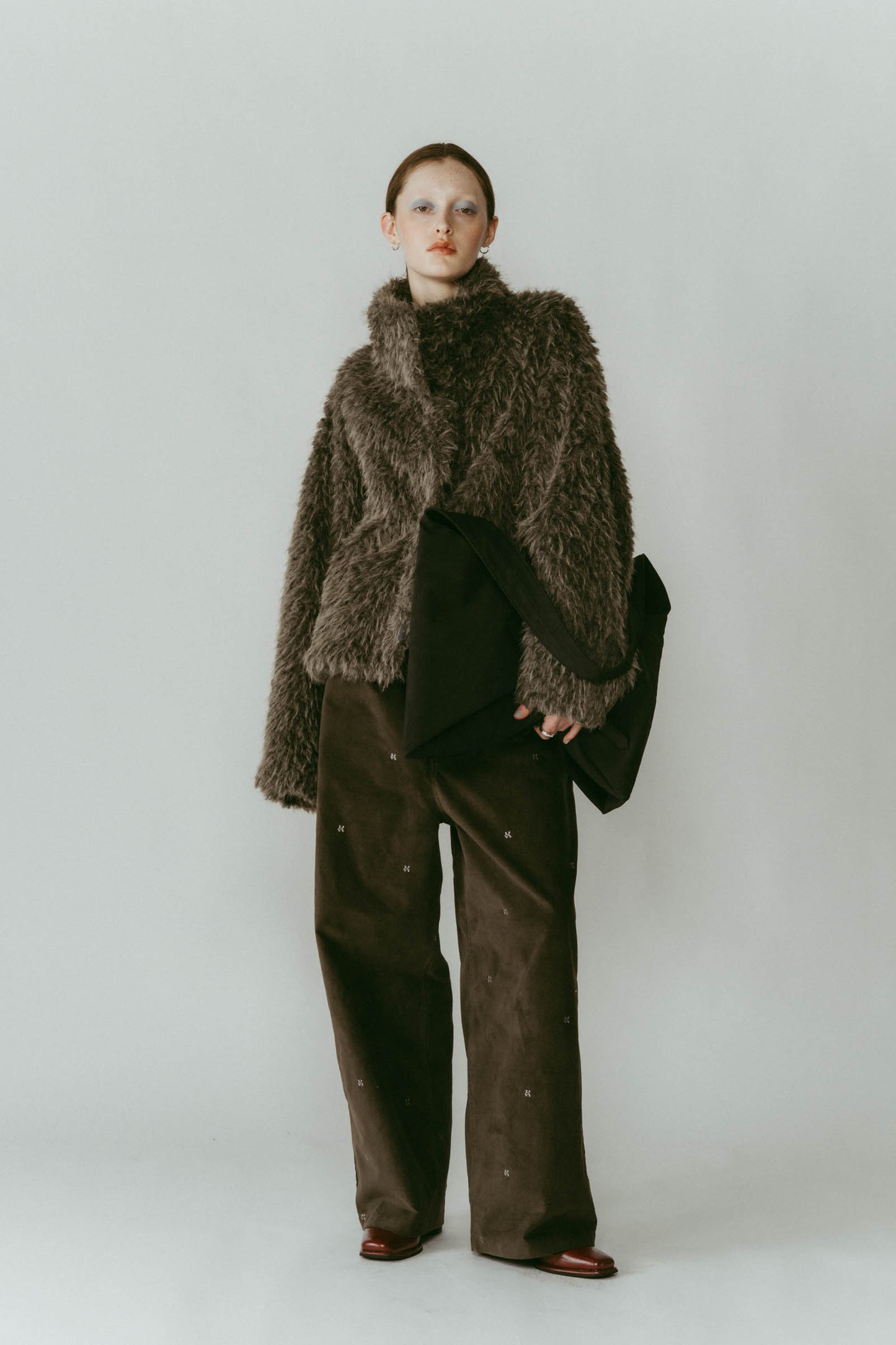 shaggy stand collar coat/gray