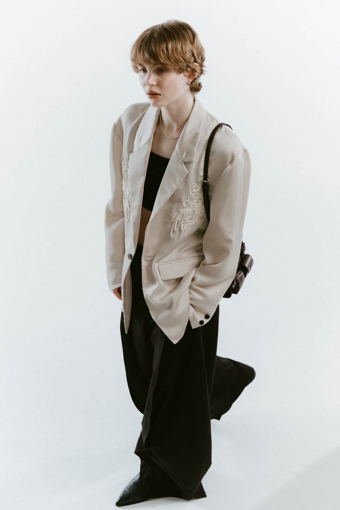 embroidered satin jacket/ivory