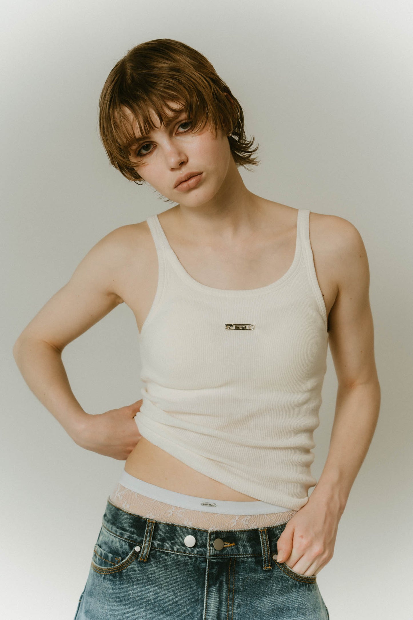 cap in rib tank top/brown,ivory