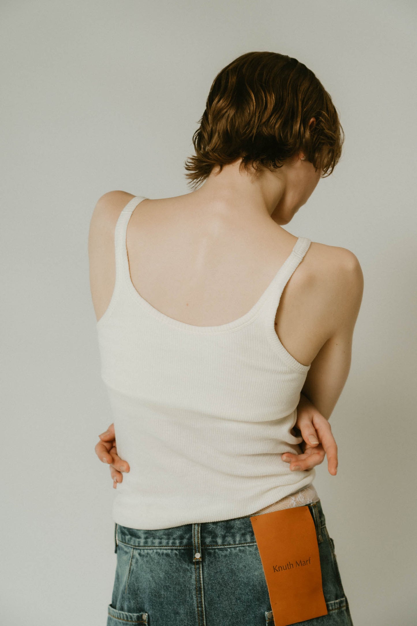 cap in rib tank top/brown,ivory