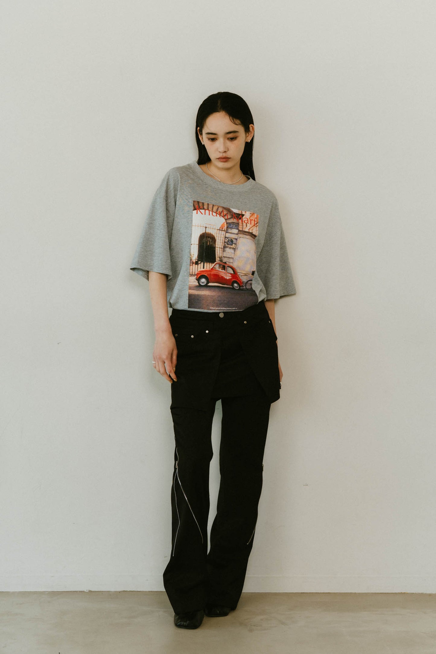 2piece zip flare pants/black