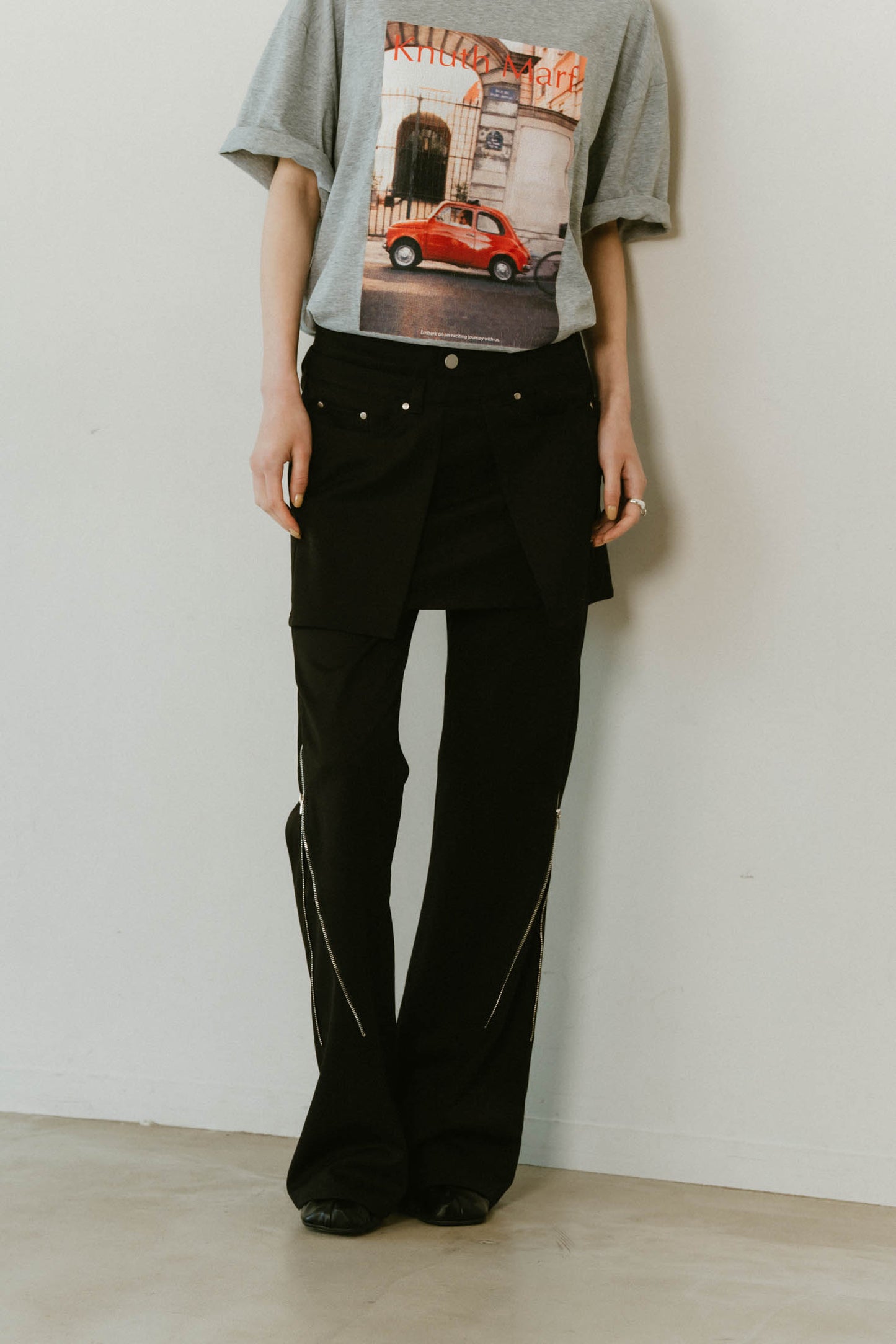 2piece zip flare pants/black