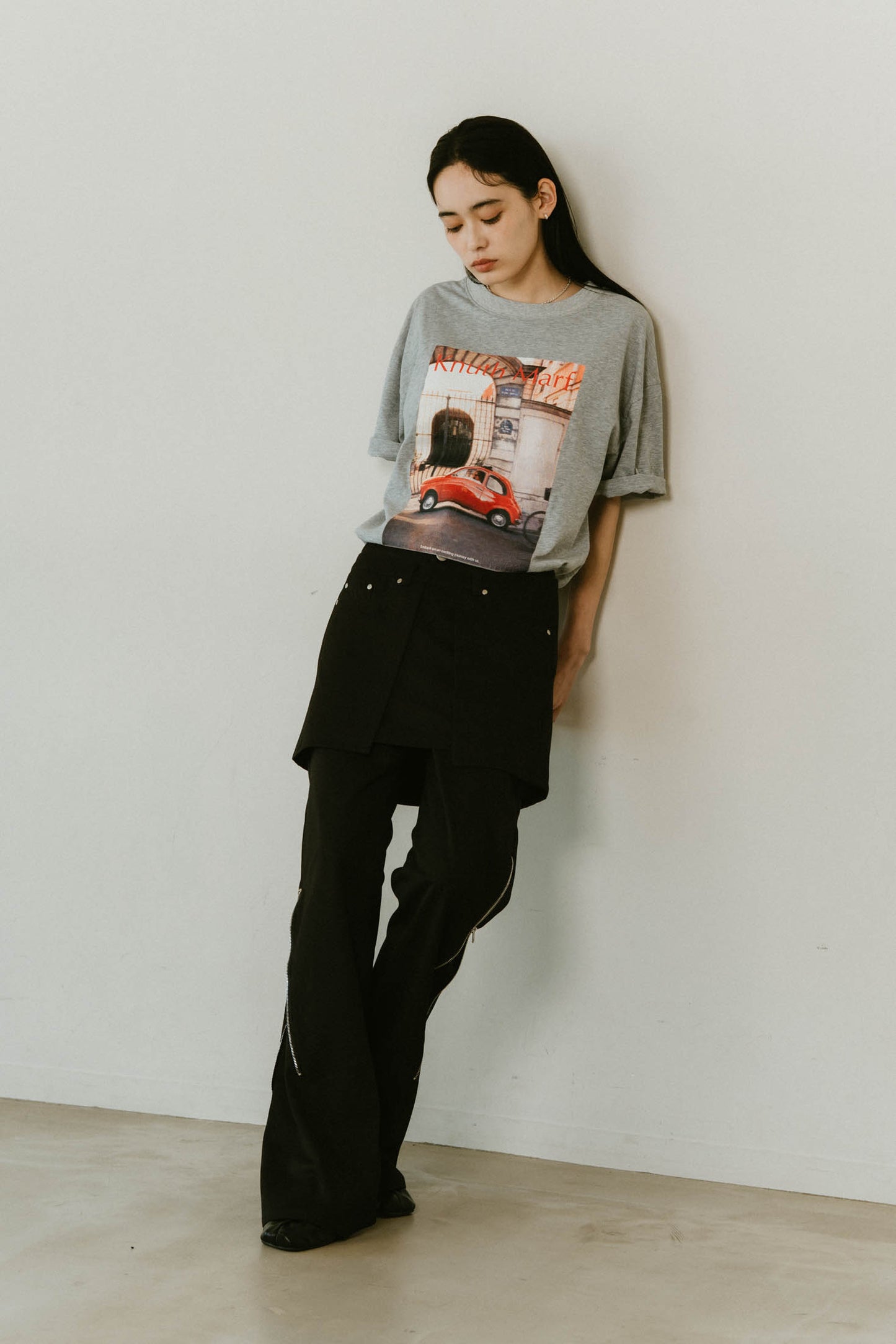 2piece zip flare pants/black