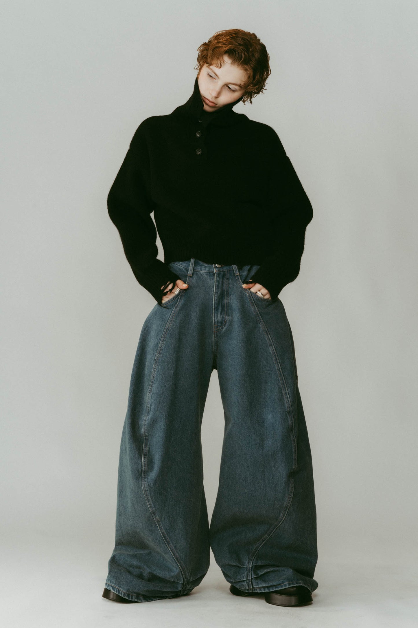 tuck design denim pants/denimblue
