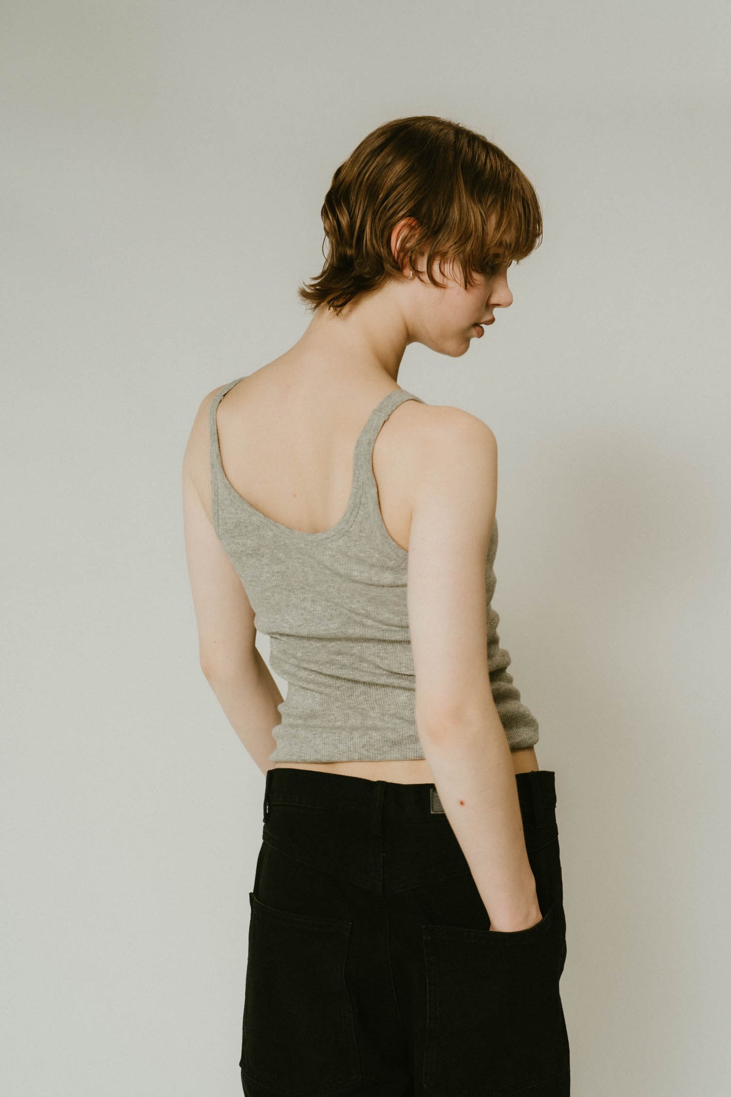cap in rib tank top/gray,lime