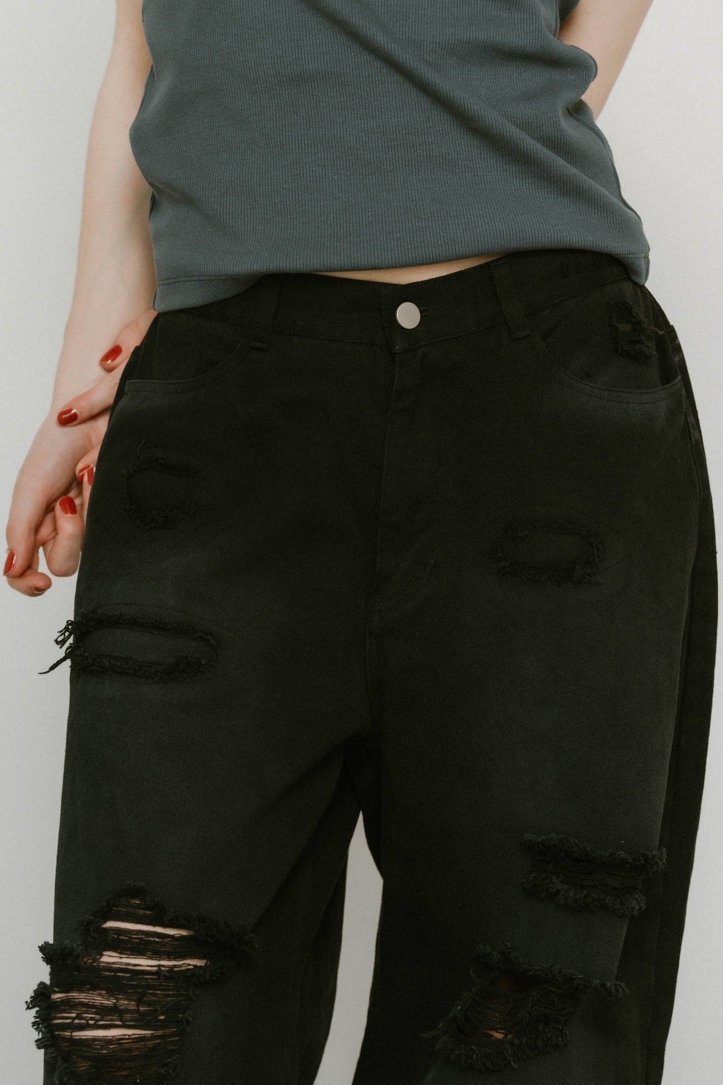 damage denim pants(unisex)/blackblack