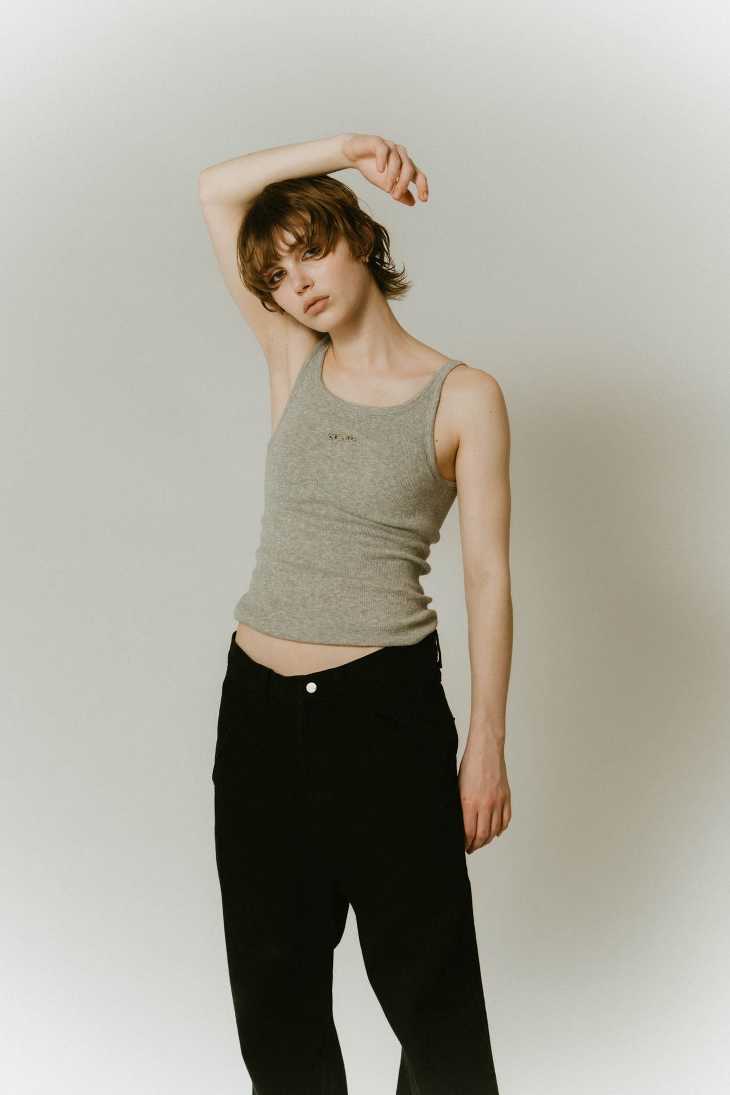 cap in rib tank top/gray,lime