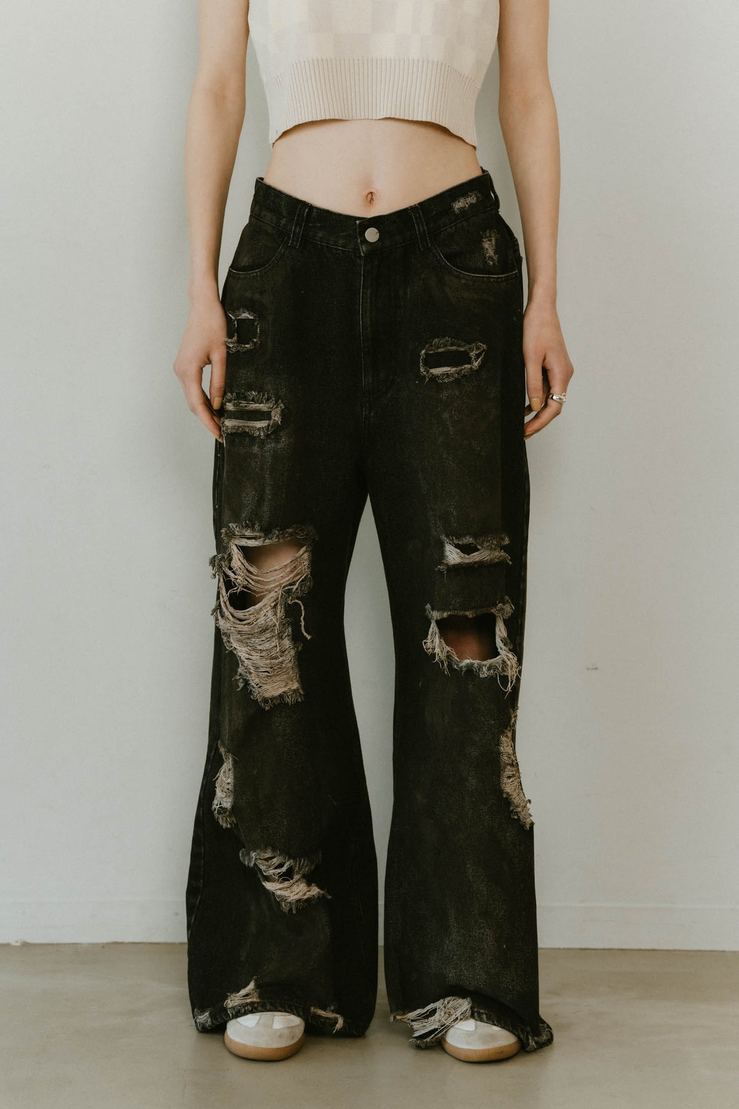 damage denim pants(unisex)/blackwhite