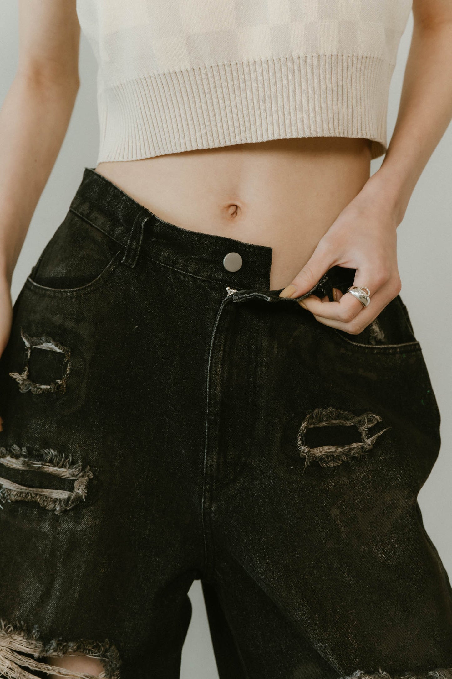 damage denim pants(unisex)/blackwhite
