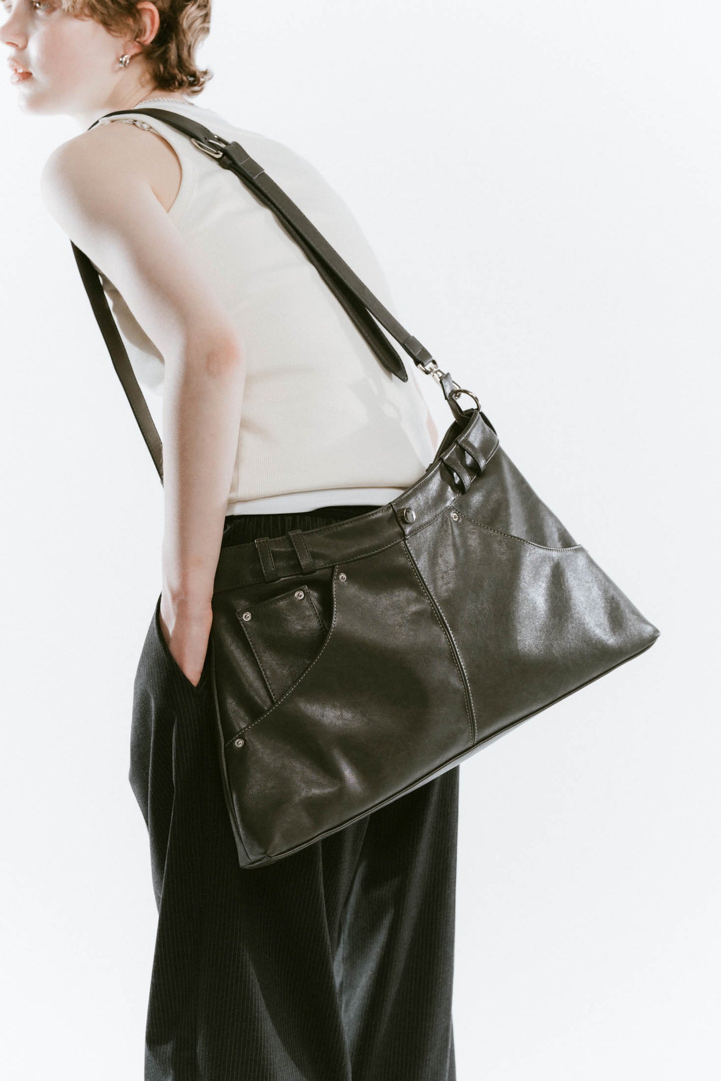 leather denim shoulder bag/2color