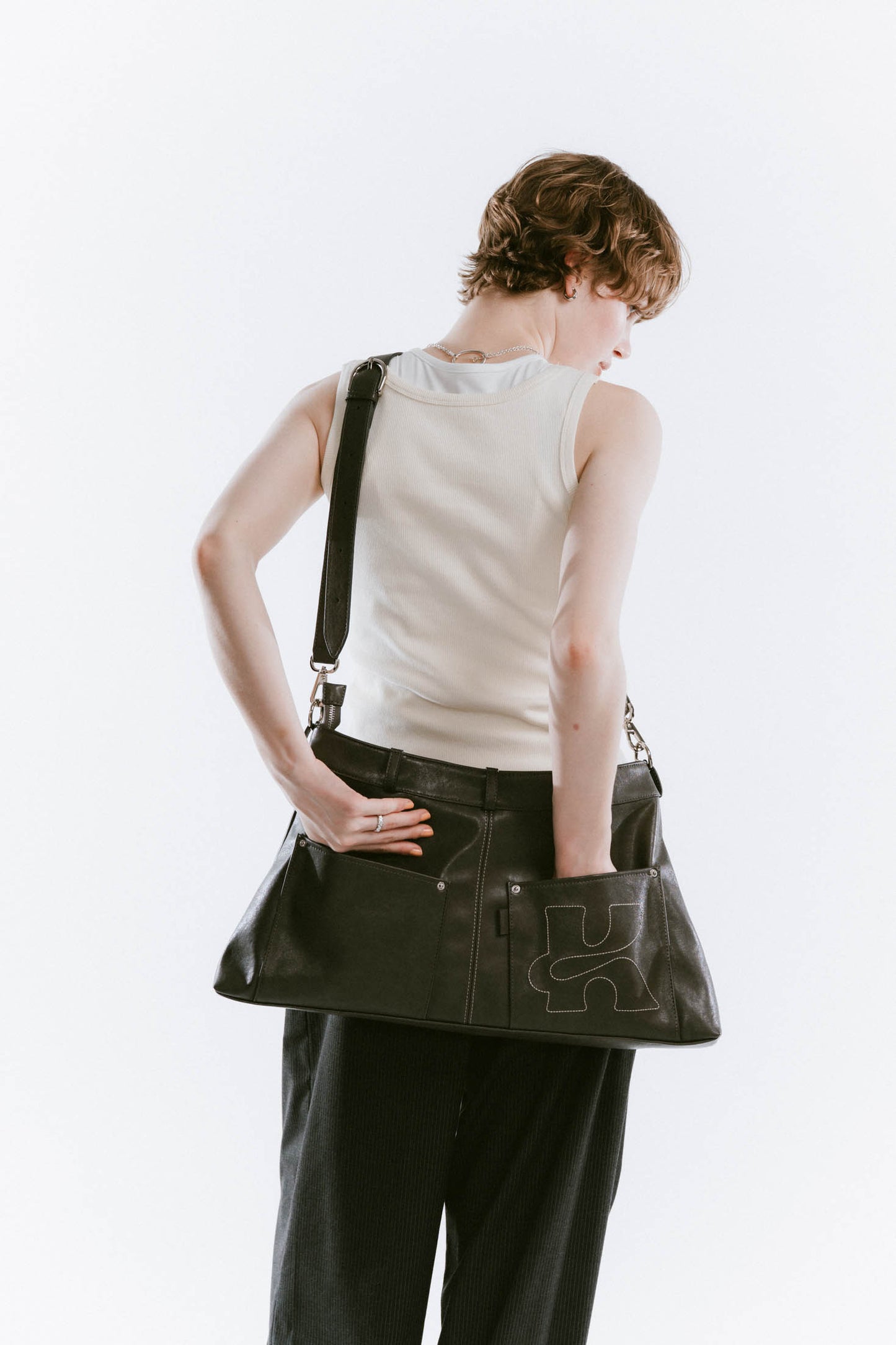 leather denim shoulder bag/2color