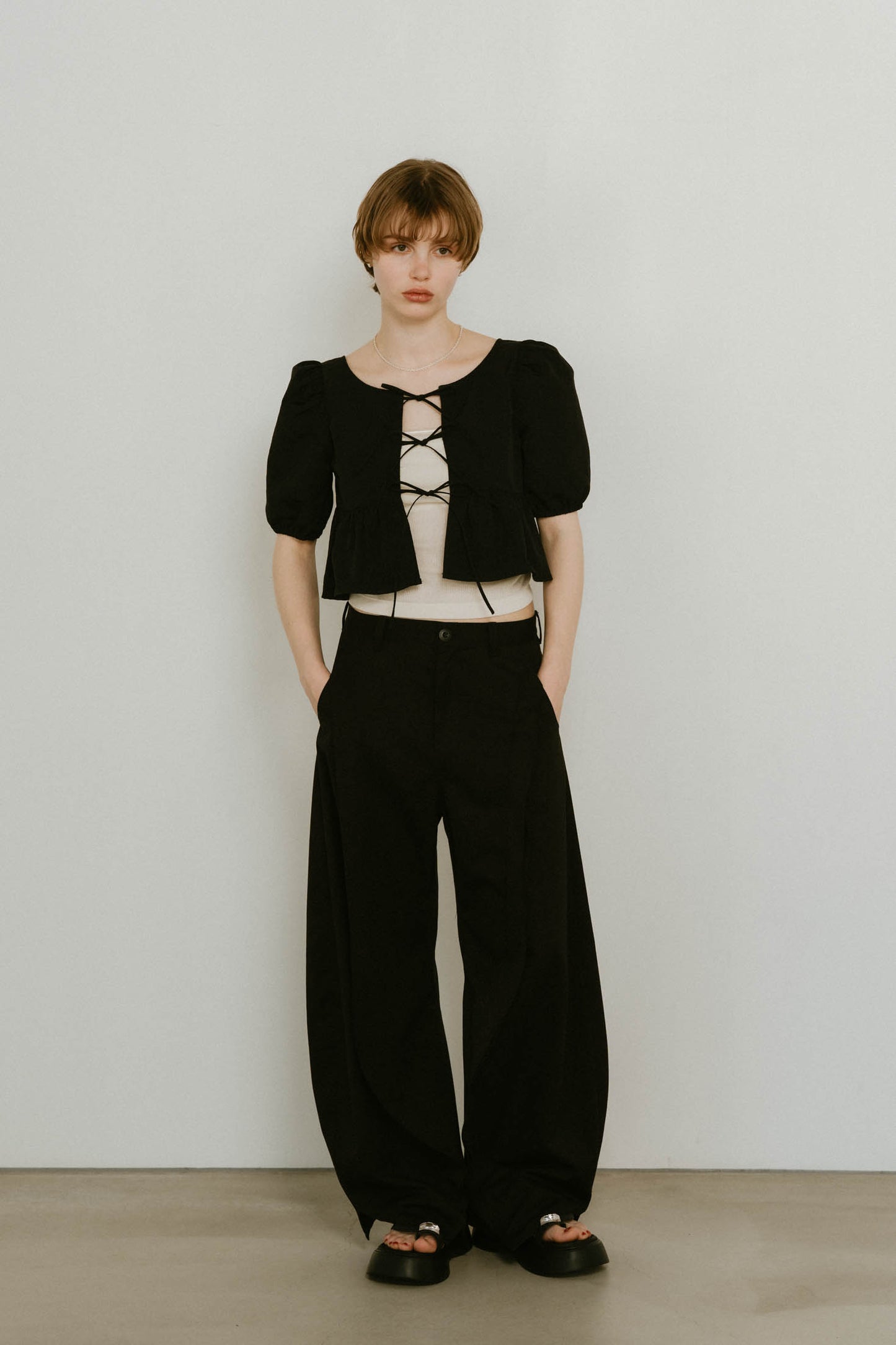 2way puff sleeve logo blouse/3color