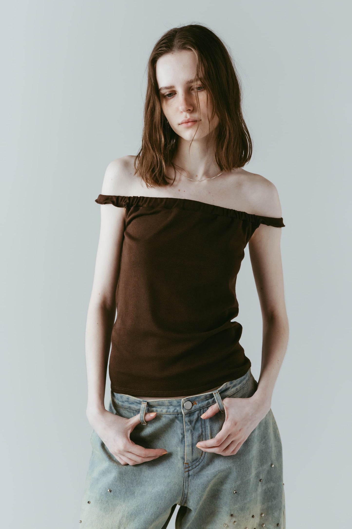 plaid halter neck blouse/brown