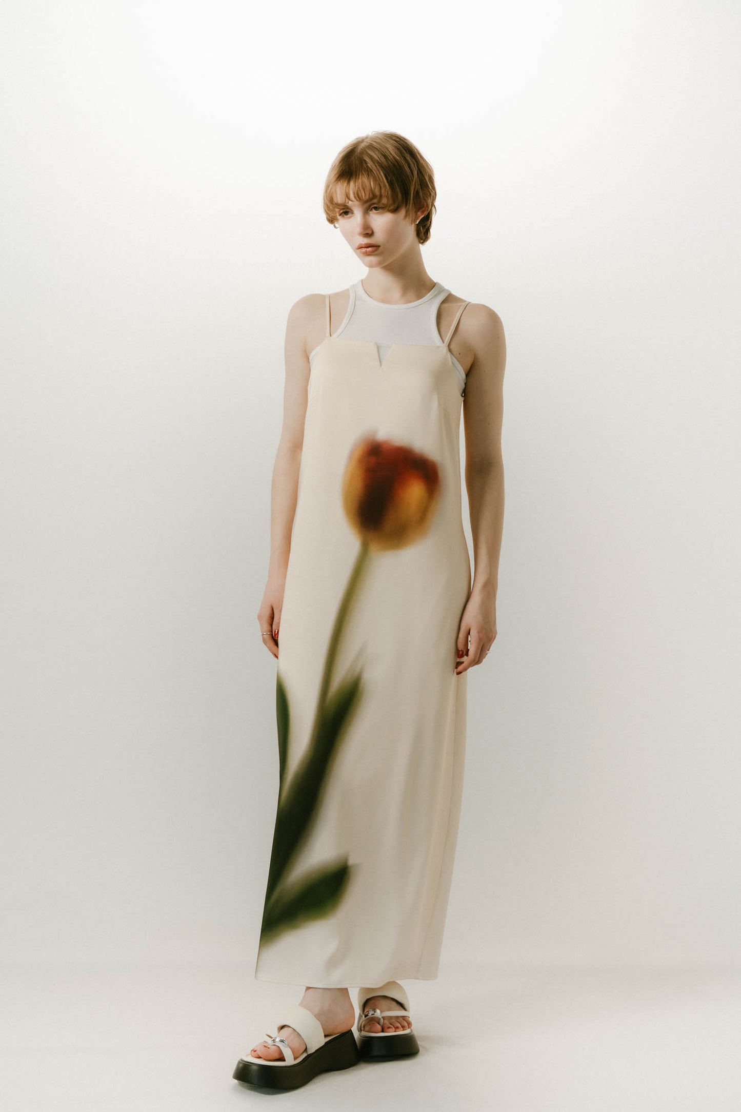 flower print satin dress/yellow