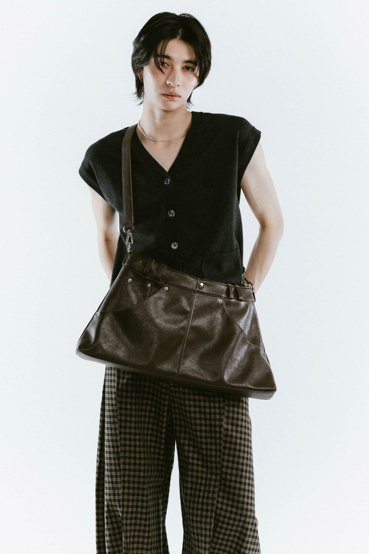 leather denim shoulder bag/2color