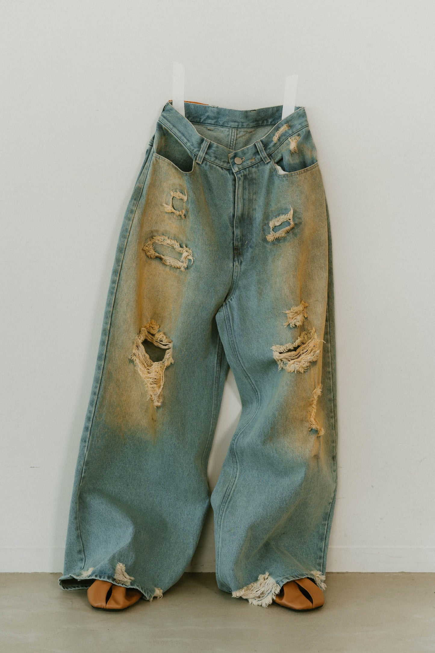 damage denim pants(unisex)/saxblue