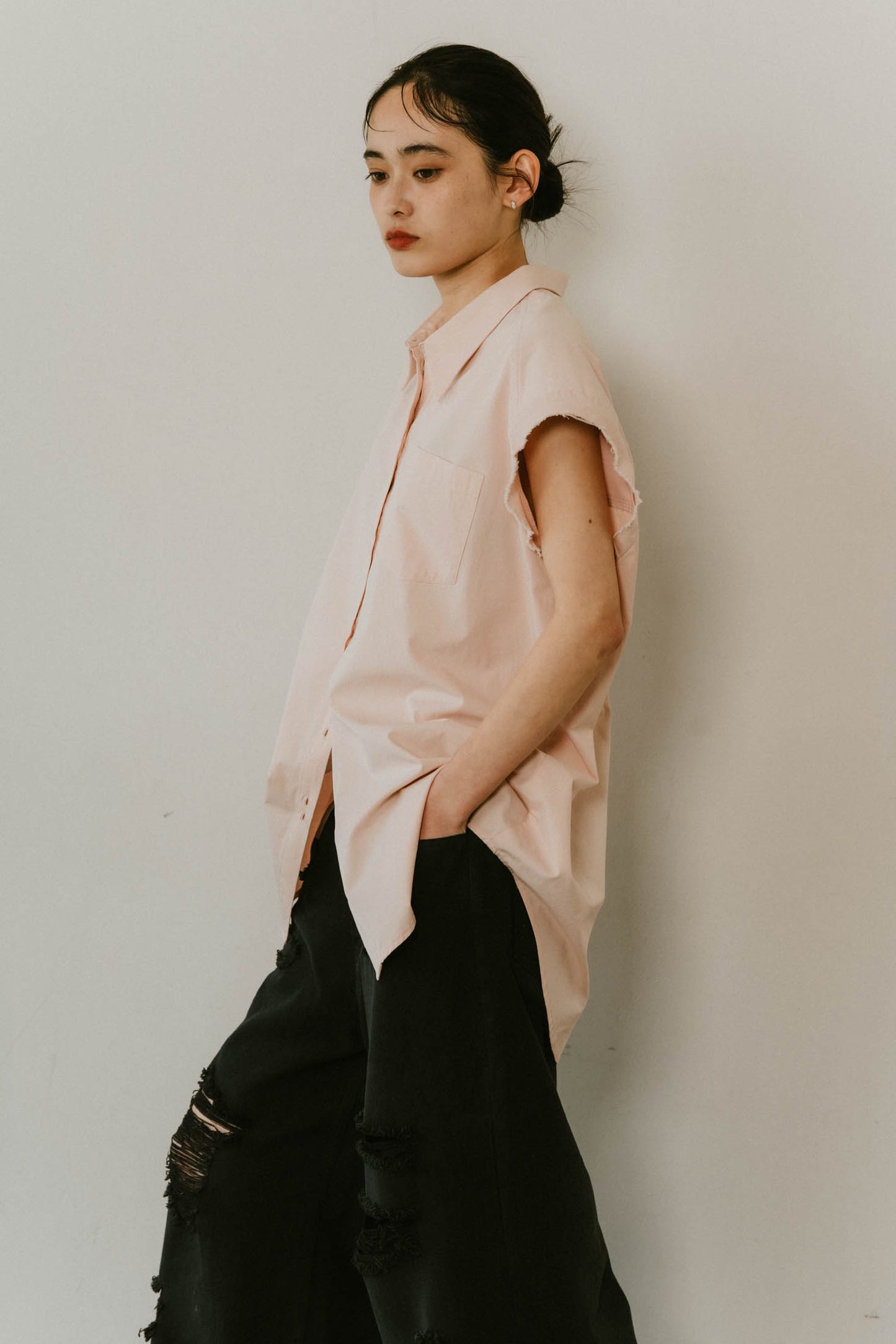 stripe label nosleeve shirt/4color