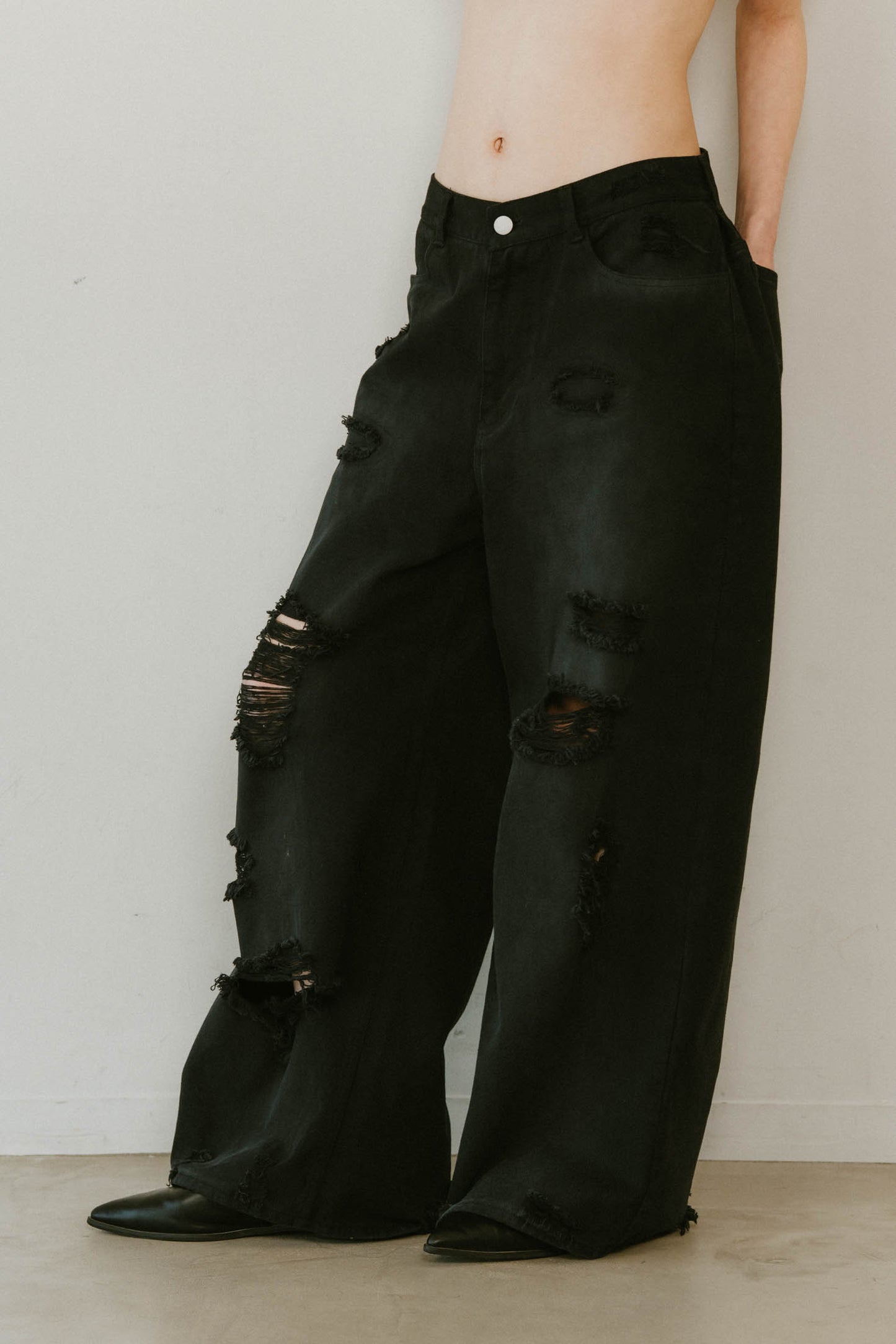damage denim pants(unisex)/blackblack