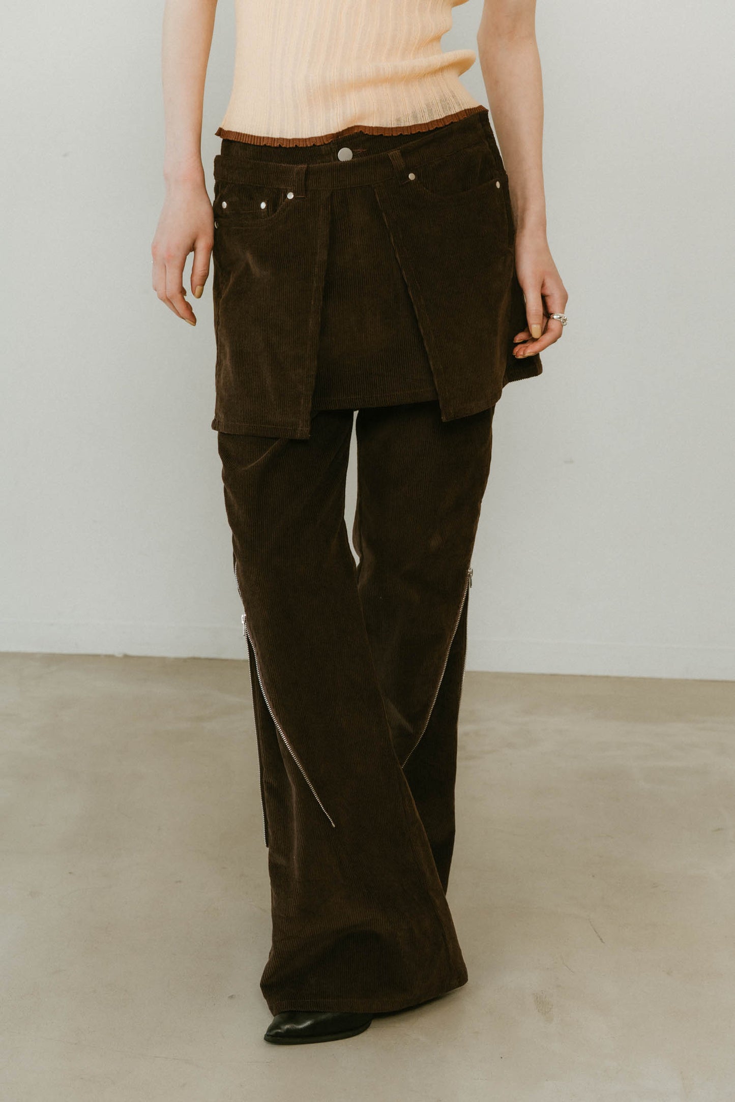 2piece zip flare pants/brown