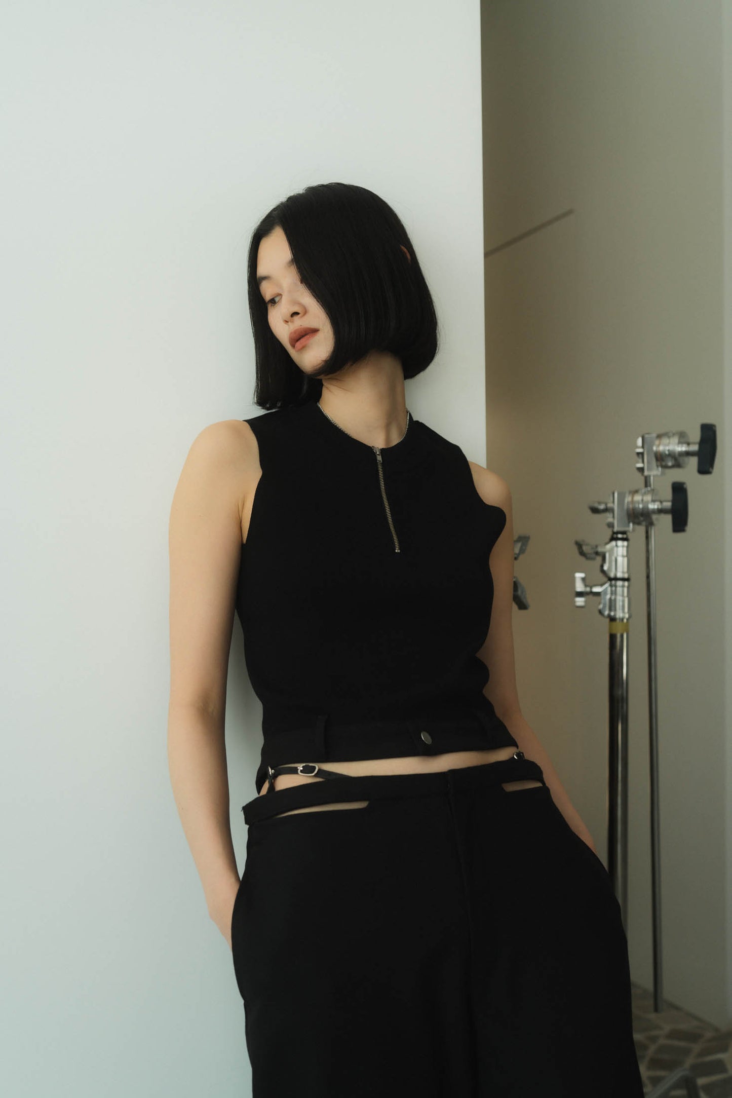 half zip knit tank tops/2color