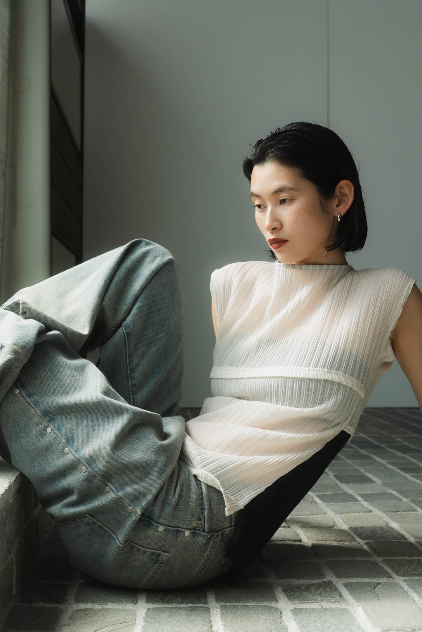 french sleeve ribbed tops/2color