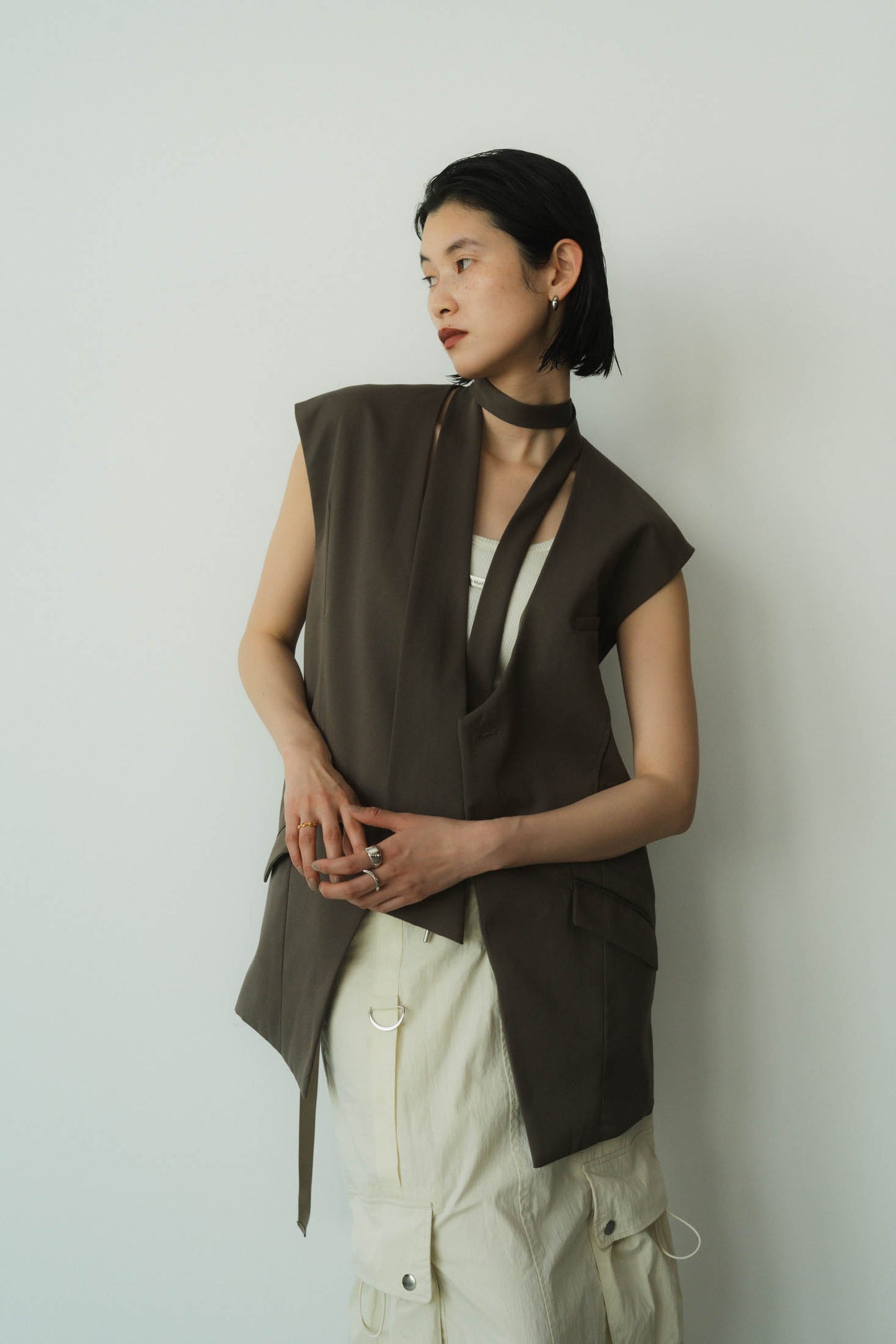 2way collarless gilet(unisex)/greige