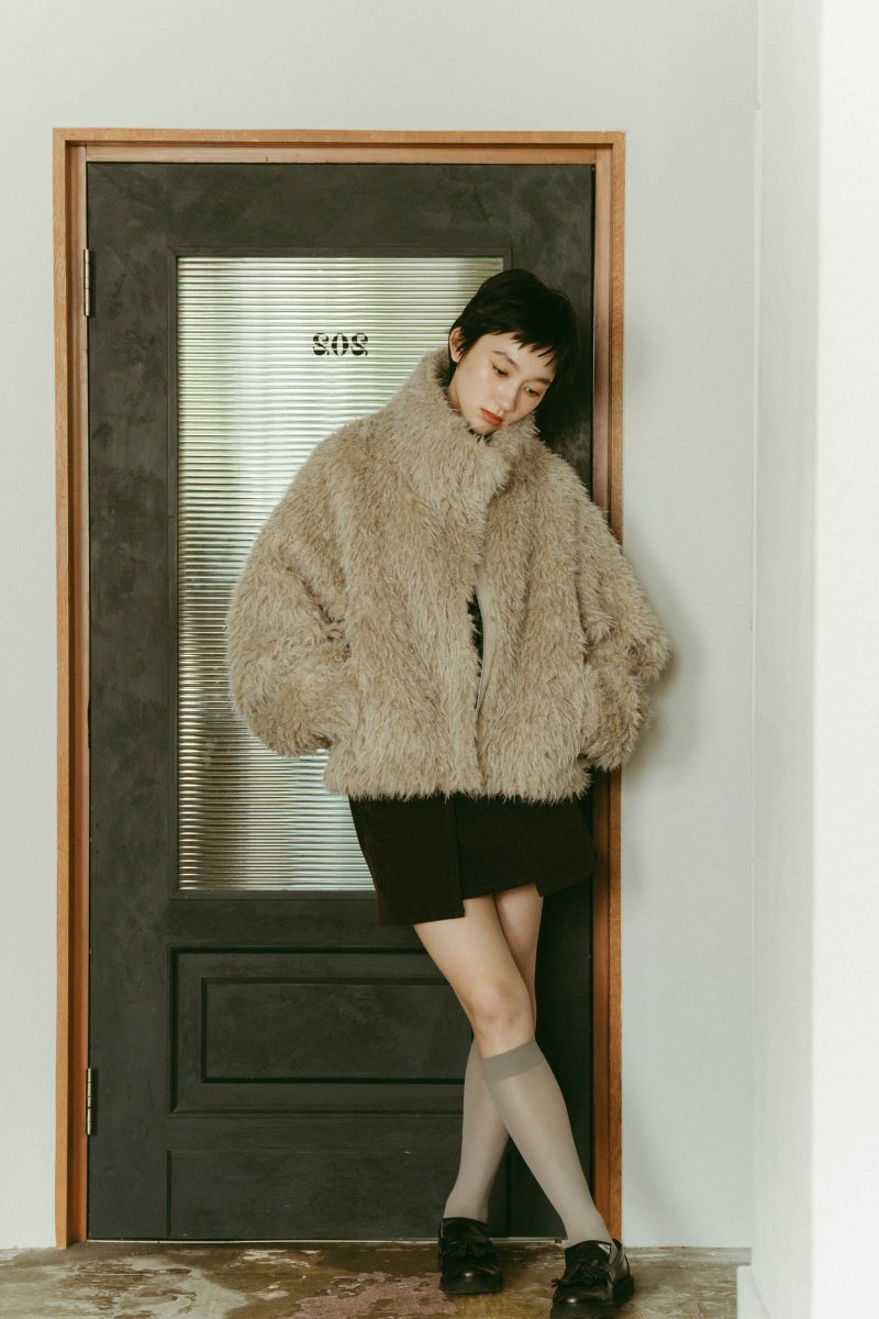 shaggy stand collar coat/ivory - KNUTH MARF