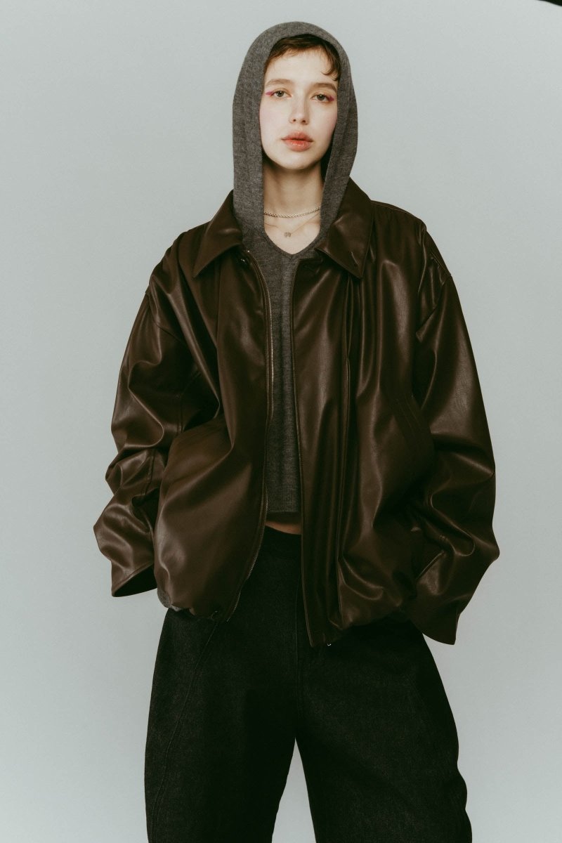 voluminous leather jacket(unisex)/brown - KNUTH MARF