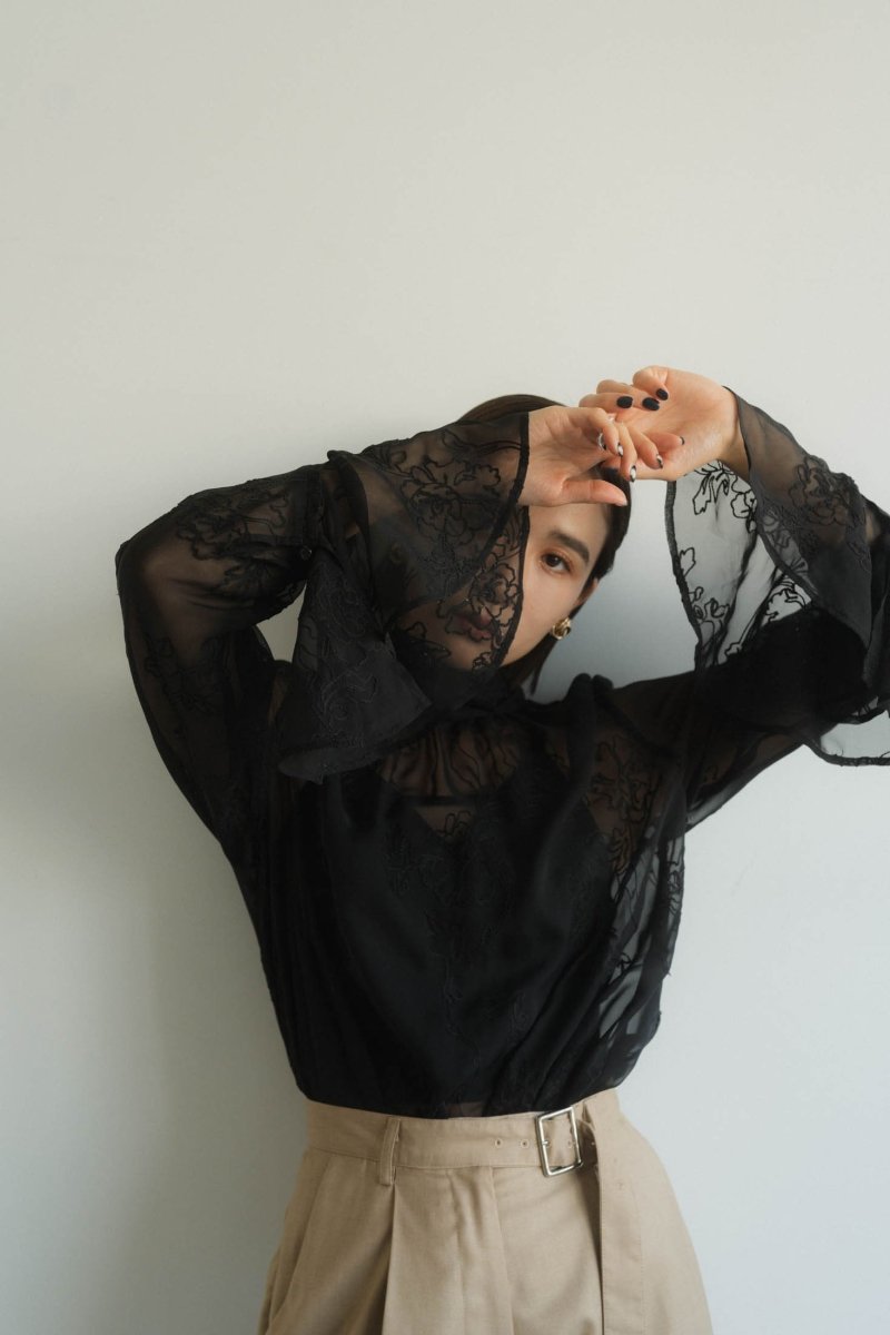 embroidery sheer blouse/black - KNUTH MARF