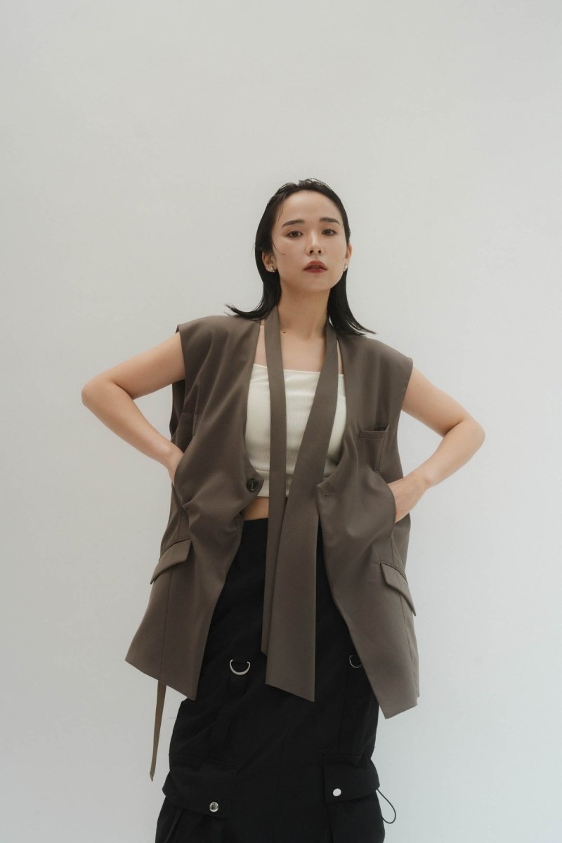 2way collarless gilet(unisex)/greige - KNUTH MARF