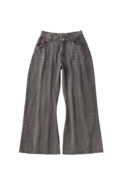 wide bell-bottom denim pants/gray