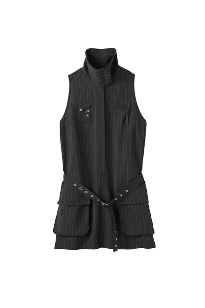 stand neck mini dress/stripeblack