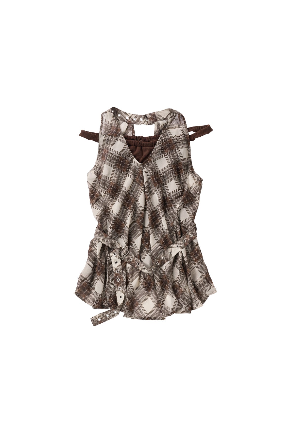 plaid halter neck blouse/brown