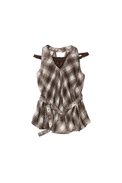 plaid halter neck blouse/brown