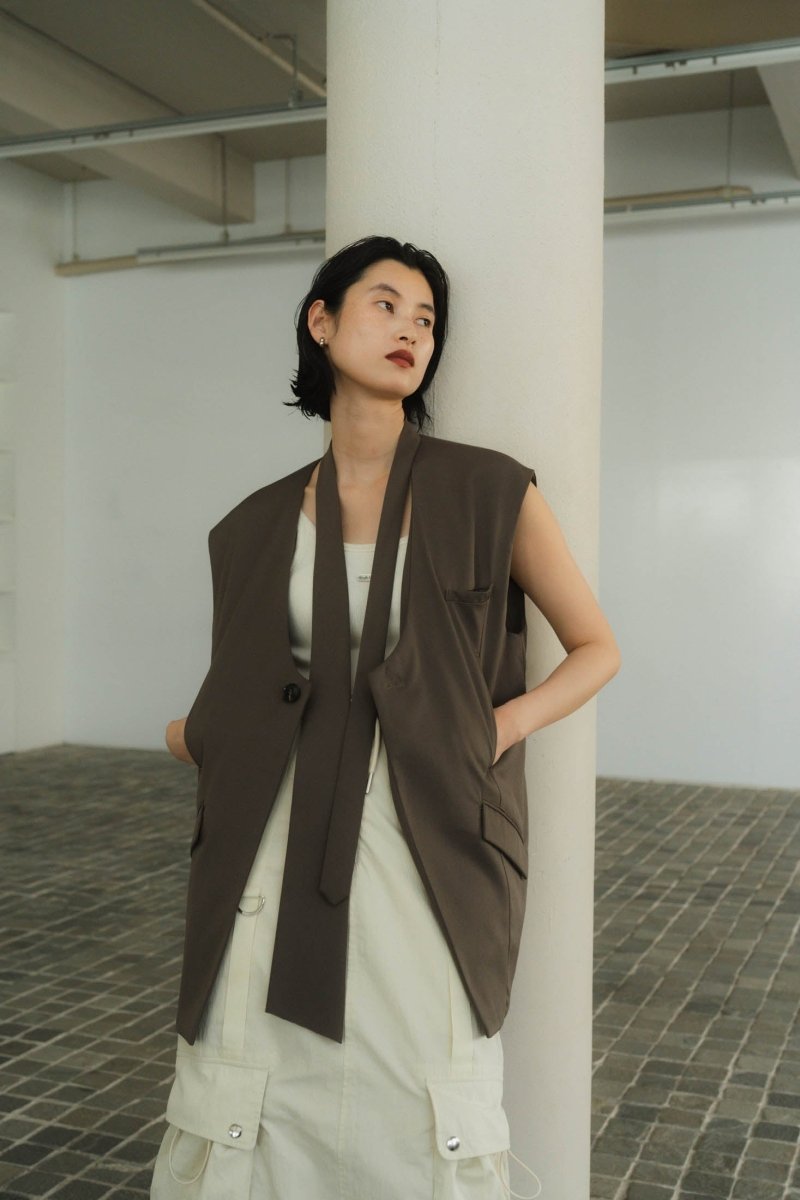 2way collarless gilet/greige - KNUTH MARF