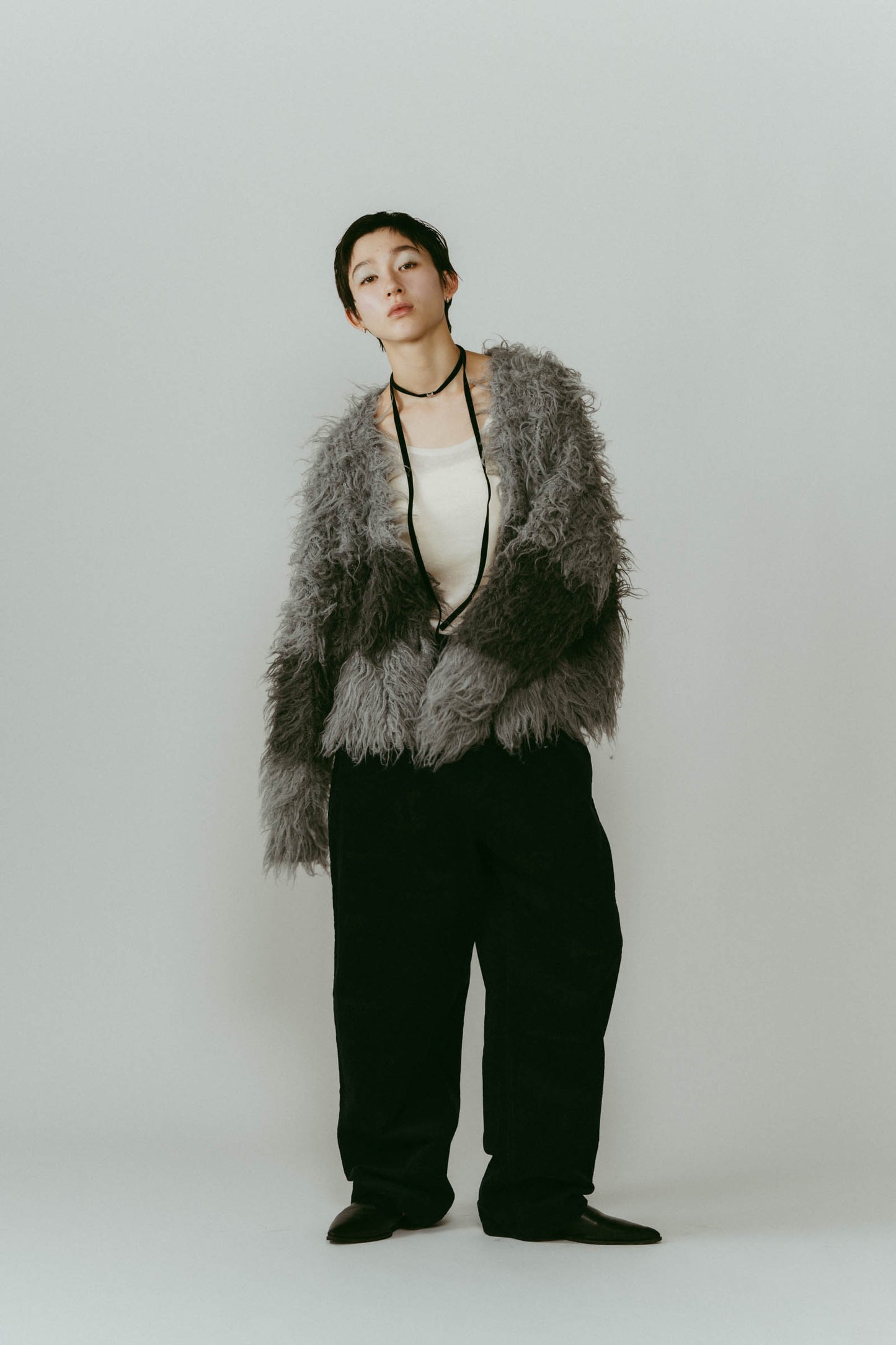 shaggy cardigan/gray,pink