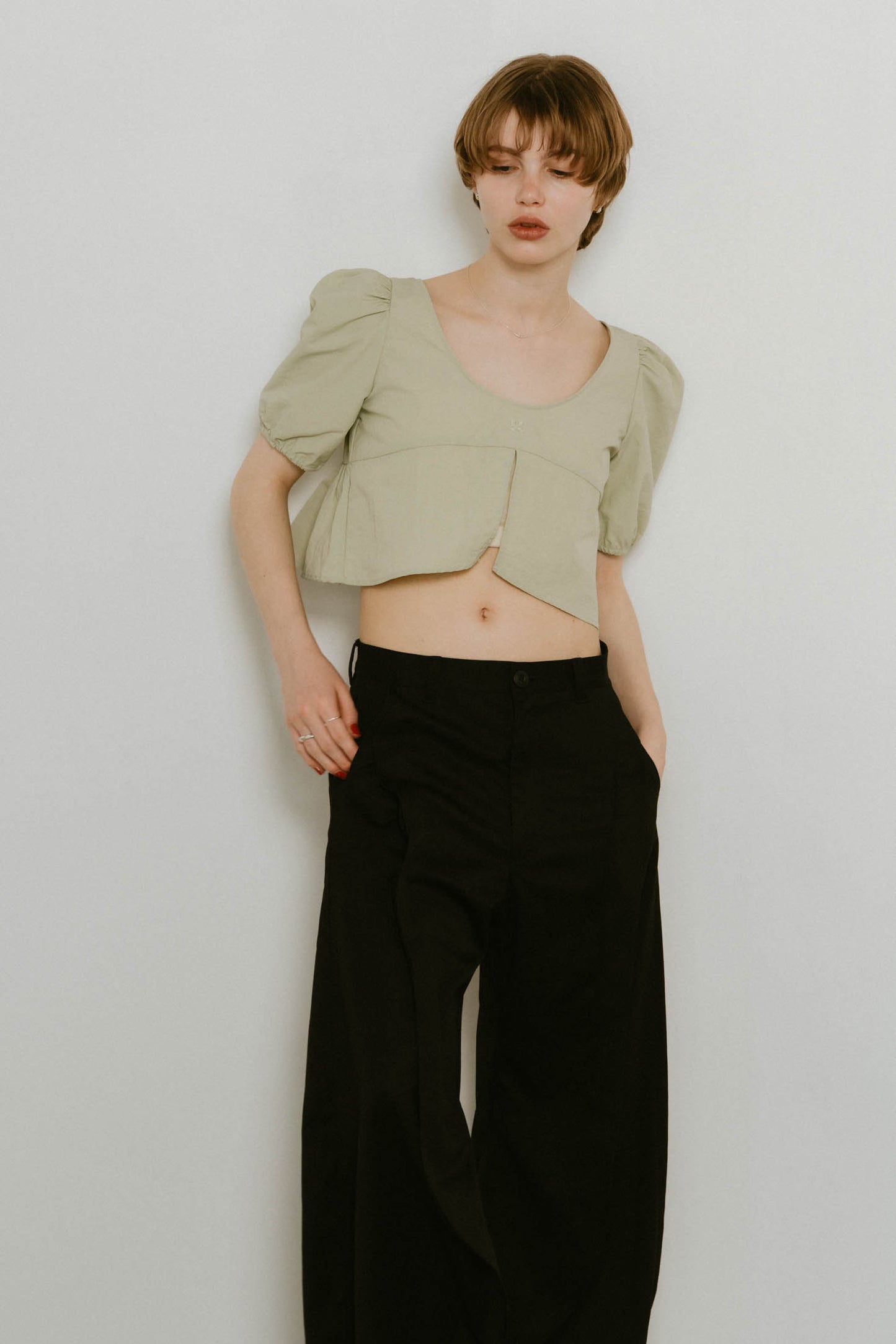 2way puff sleeve logo blouse/3color