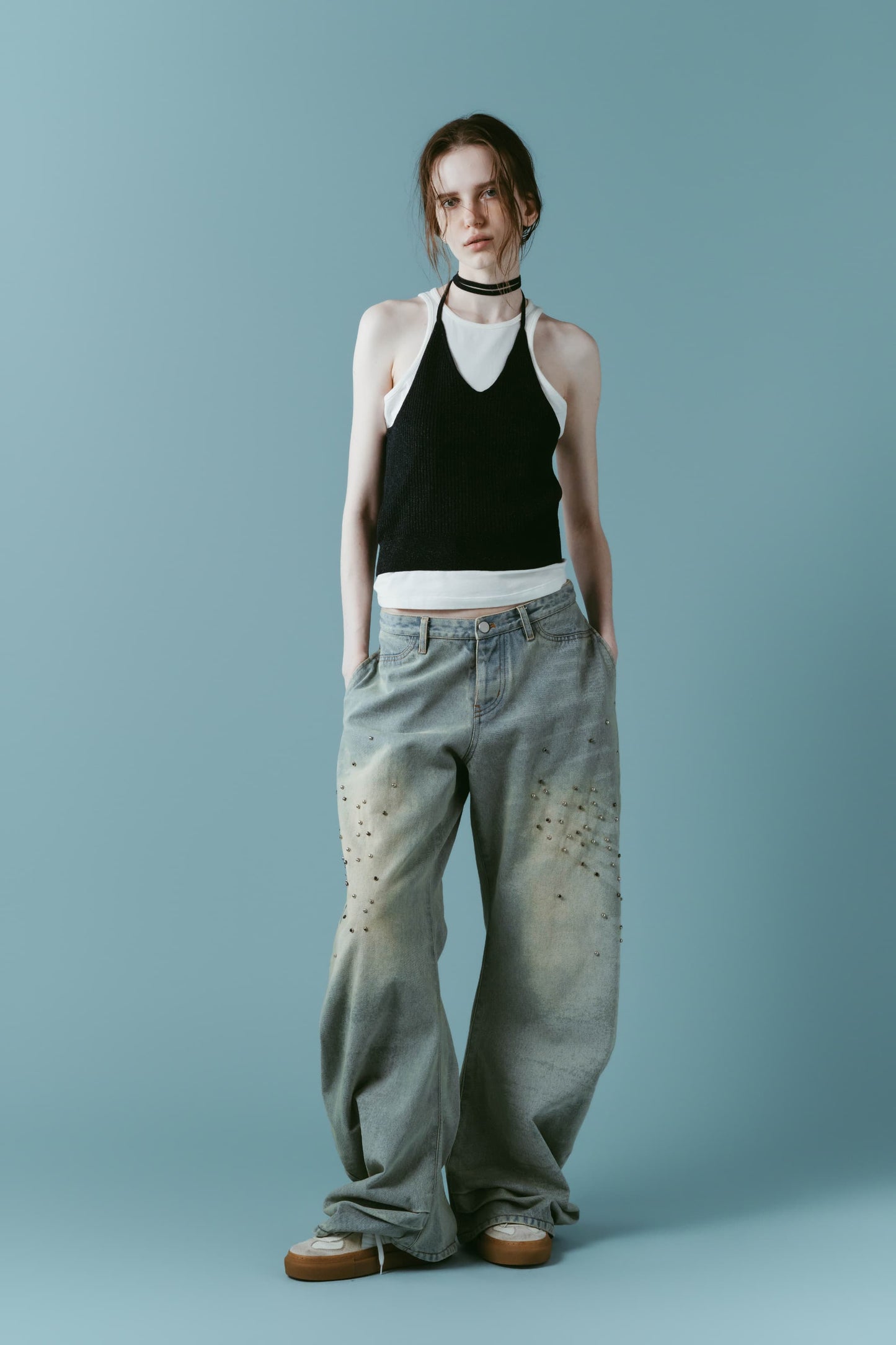 studded draped denim pants(unisex)/blue(studded)