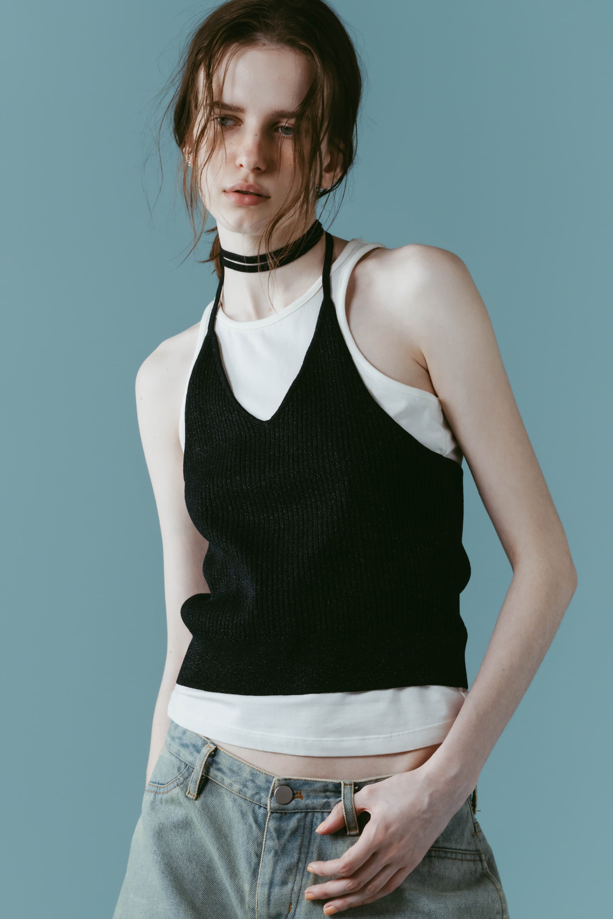 knit halter bustier/navy