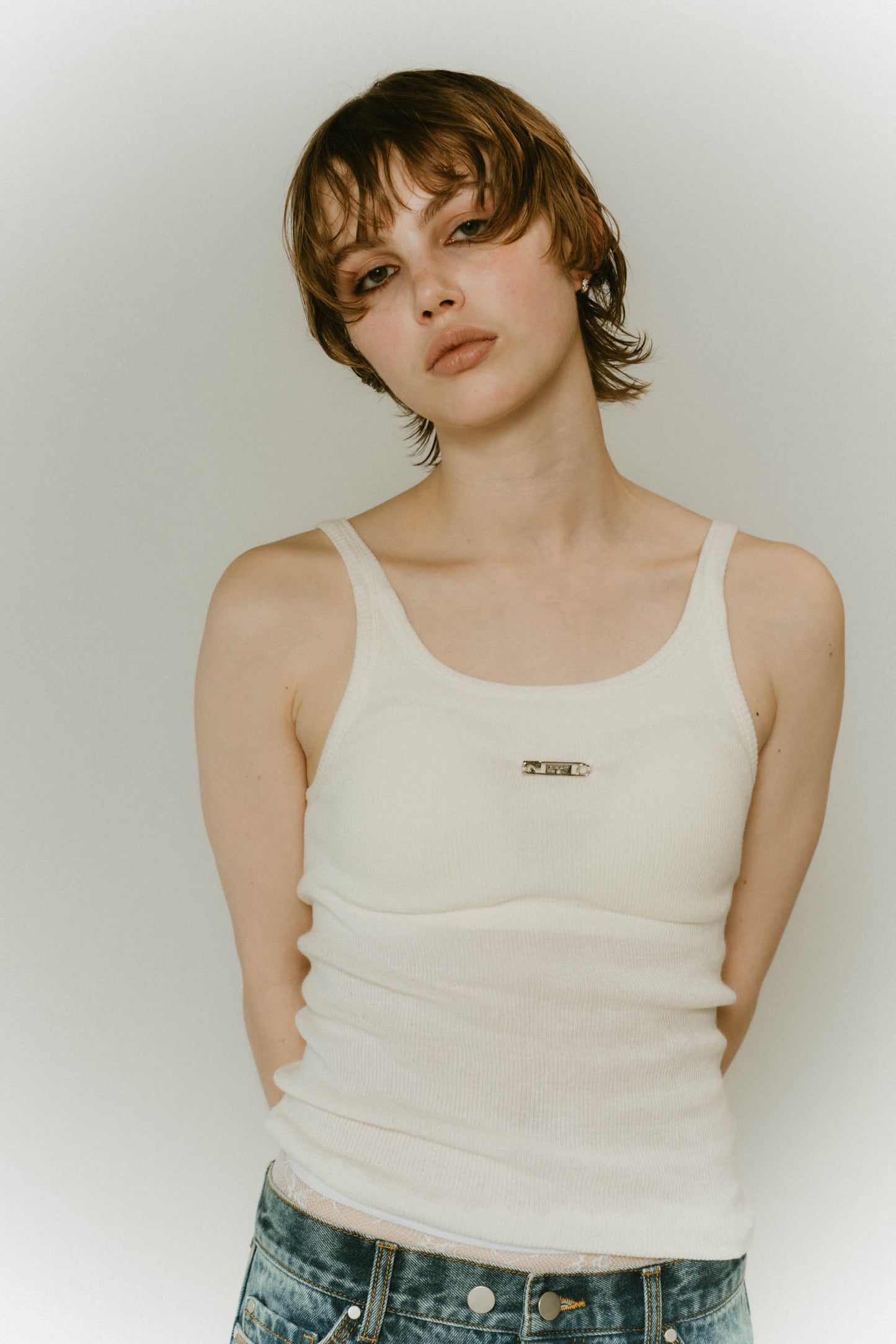 cap in rib tank top/brown,ivory
