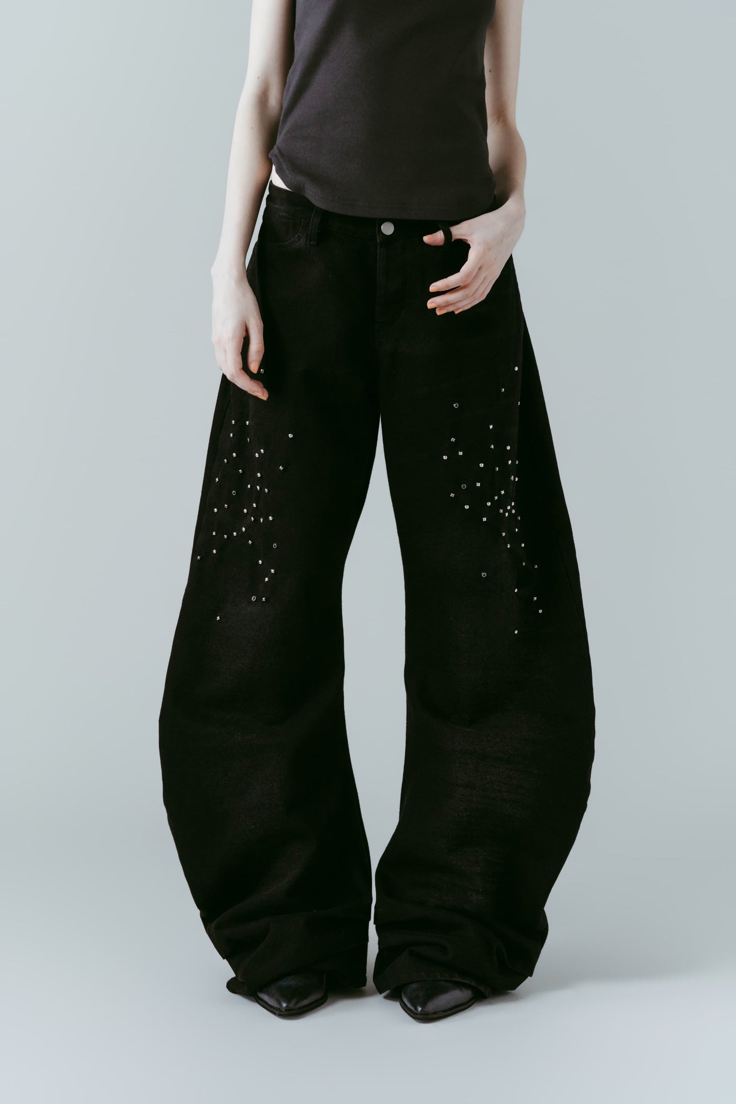 studded draped denim pants(unisex)/black(studded)