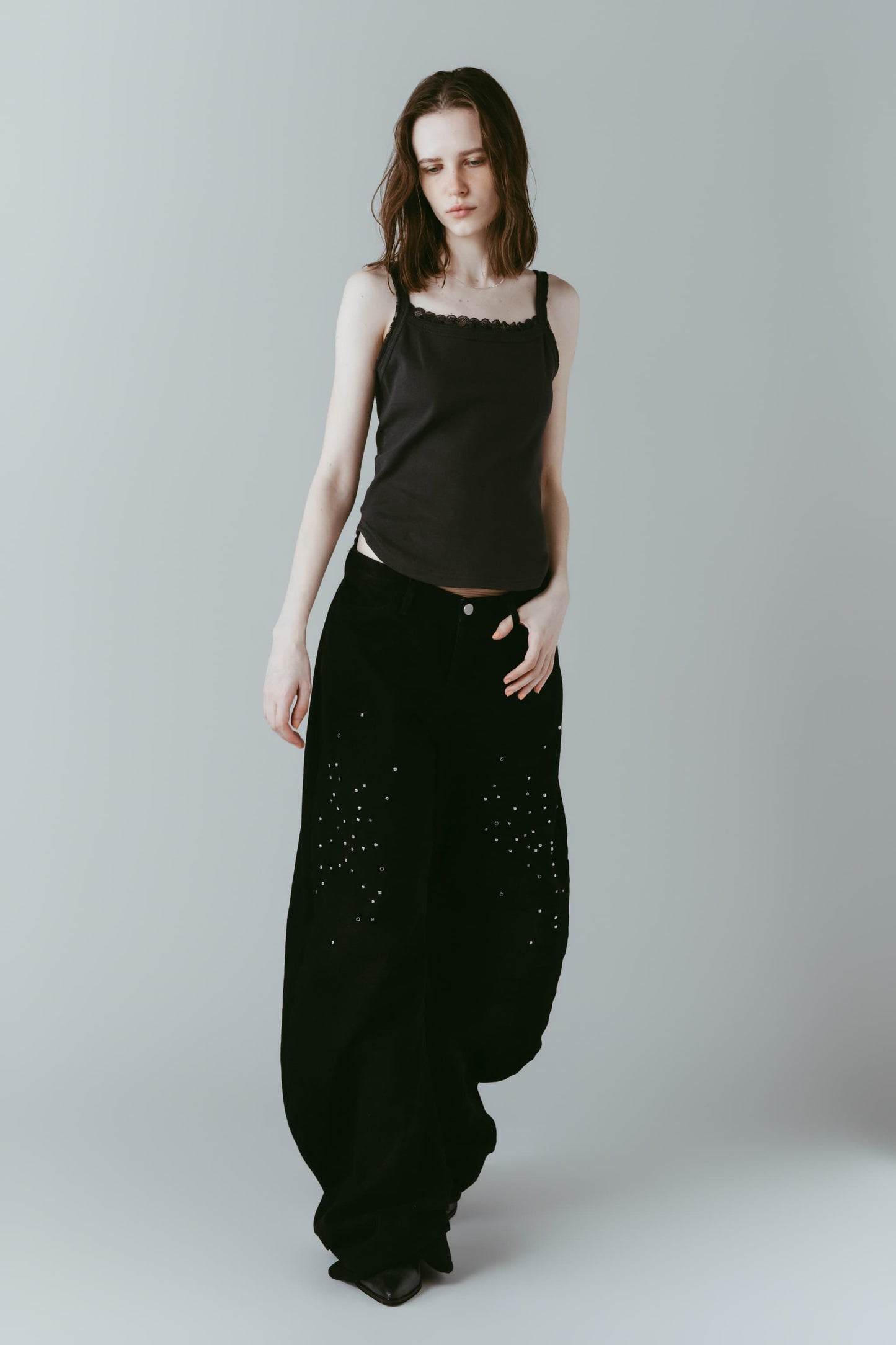 studded draped denim pants(unisex)/black(studded)