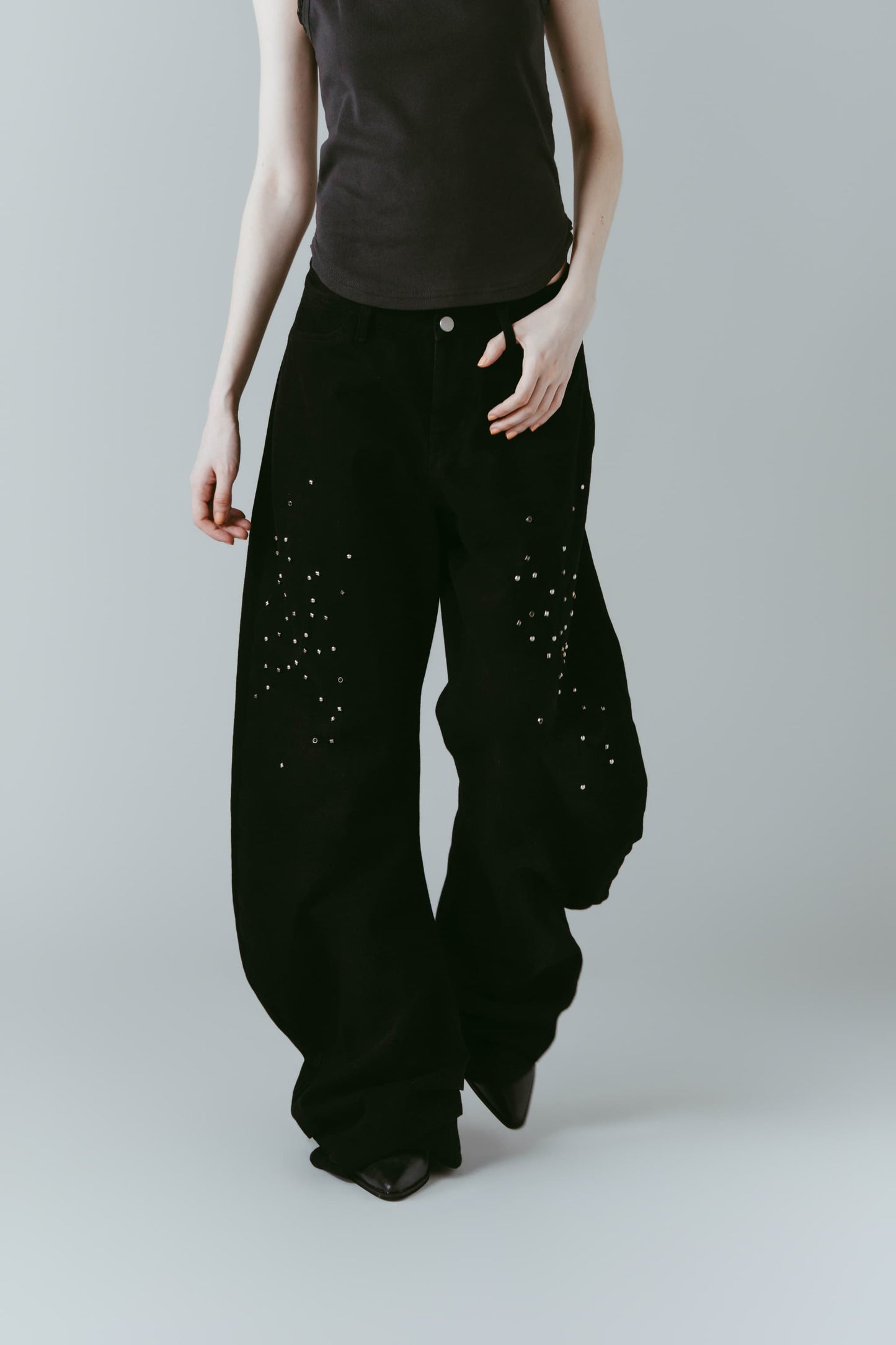studded draped denim pants(unisex)/black(studded)