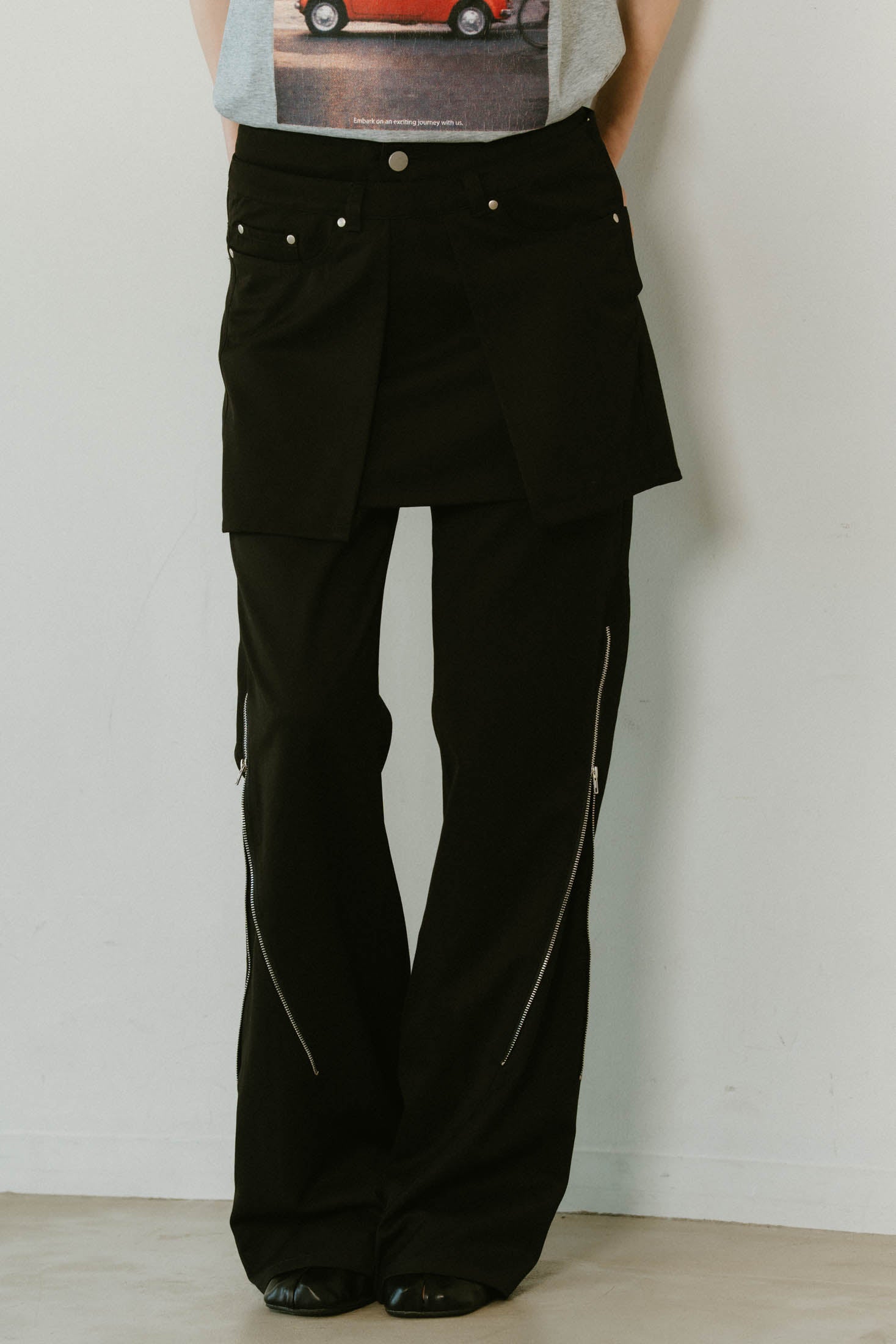 2piece zip flare pants/black