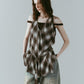 plaid halter neck blouse/brown